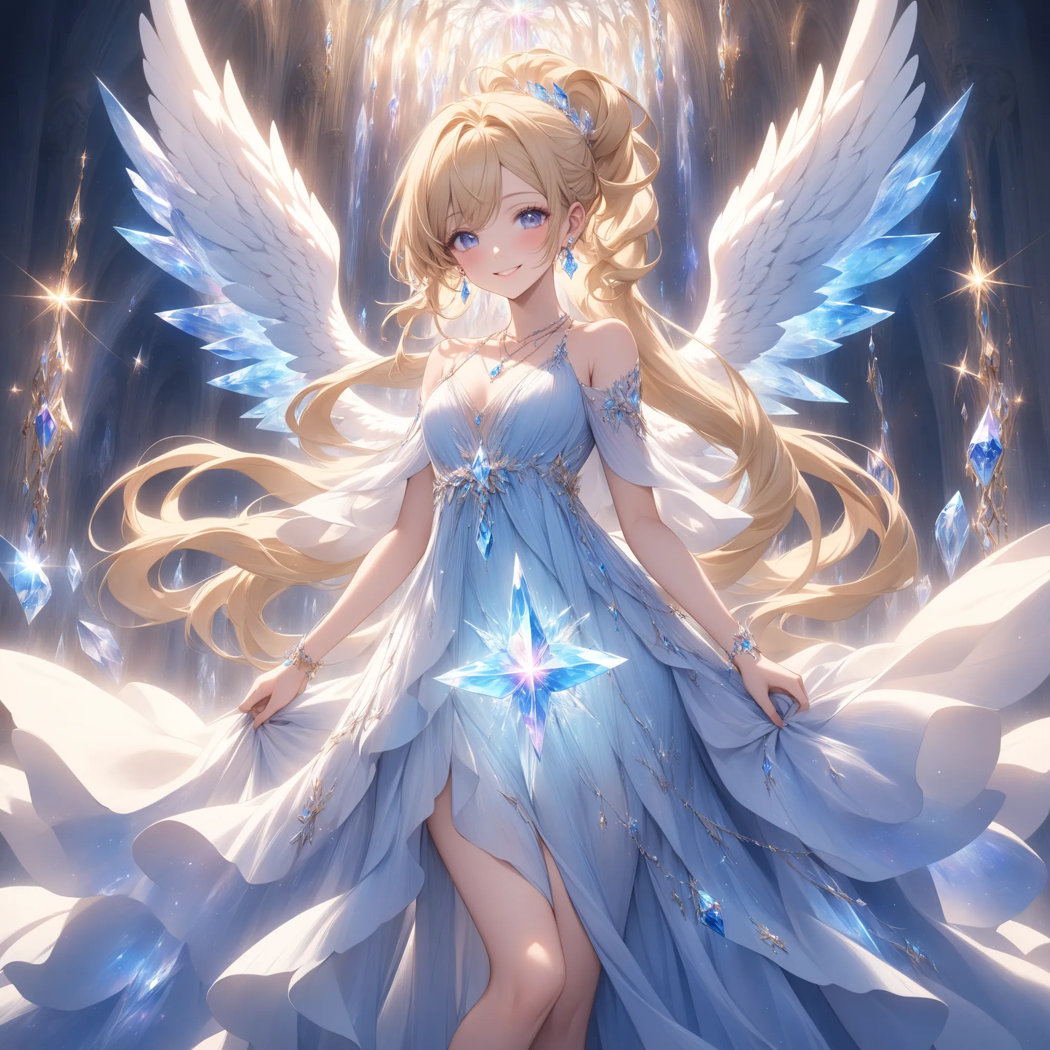 A female angel with a smiling face and her wings sparkle、sky blue、Wear a pastel blue long dress that is less revealing、adorned with necklaces and earrings accessories、blond hair and folded ponytail hair、a beautiful and mysterious world of crystal light、pos...
