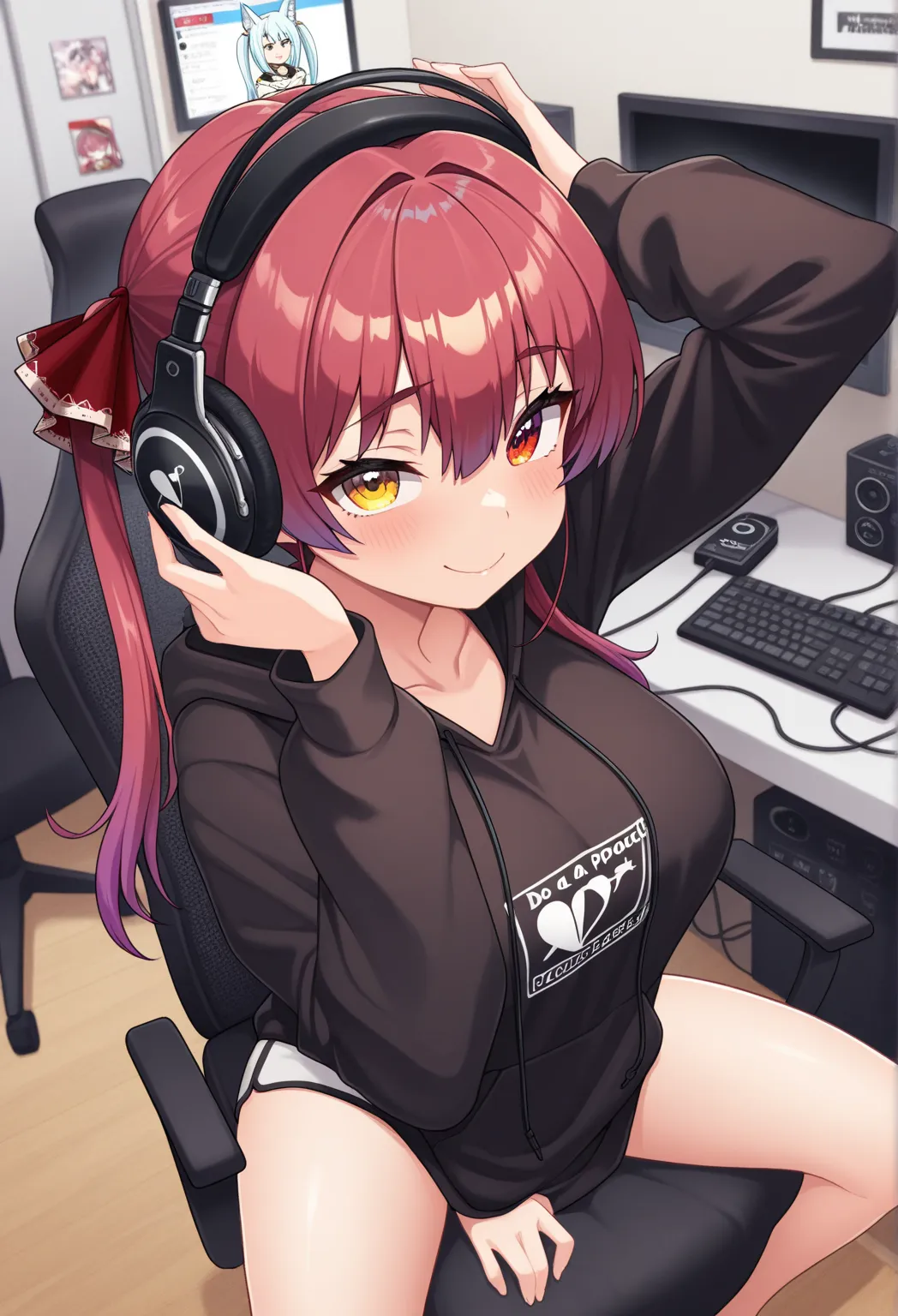 High Resolution ,masterpiece、high quality,Outrageous masterpiece,best quality ,top quality, 8k,houshou marine,shirakami,podcast room,podcaster,headphone, do a podcast,2 girls,chating,wear headphone