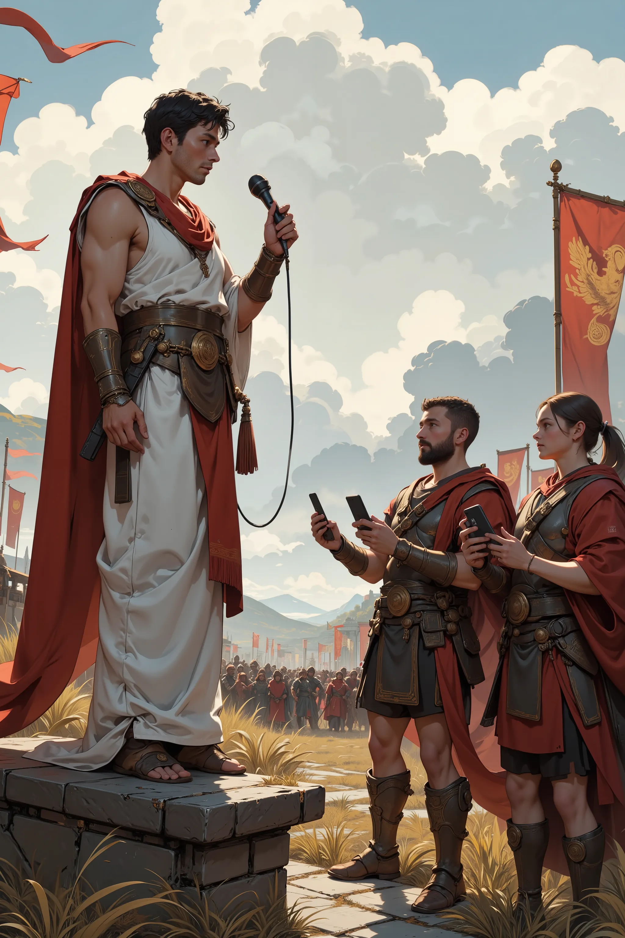 A surreal scene on an ancient Roman battlefield. Emperor Augustus stands on a stone platform wearing a white toga with a red sash, holding a modern podcast microphone in one hand as he delivers a powerful speech. His expression is noble and commanding. In ...