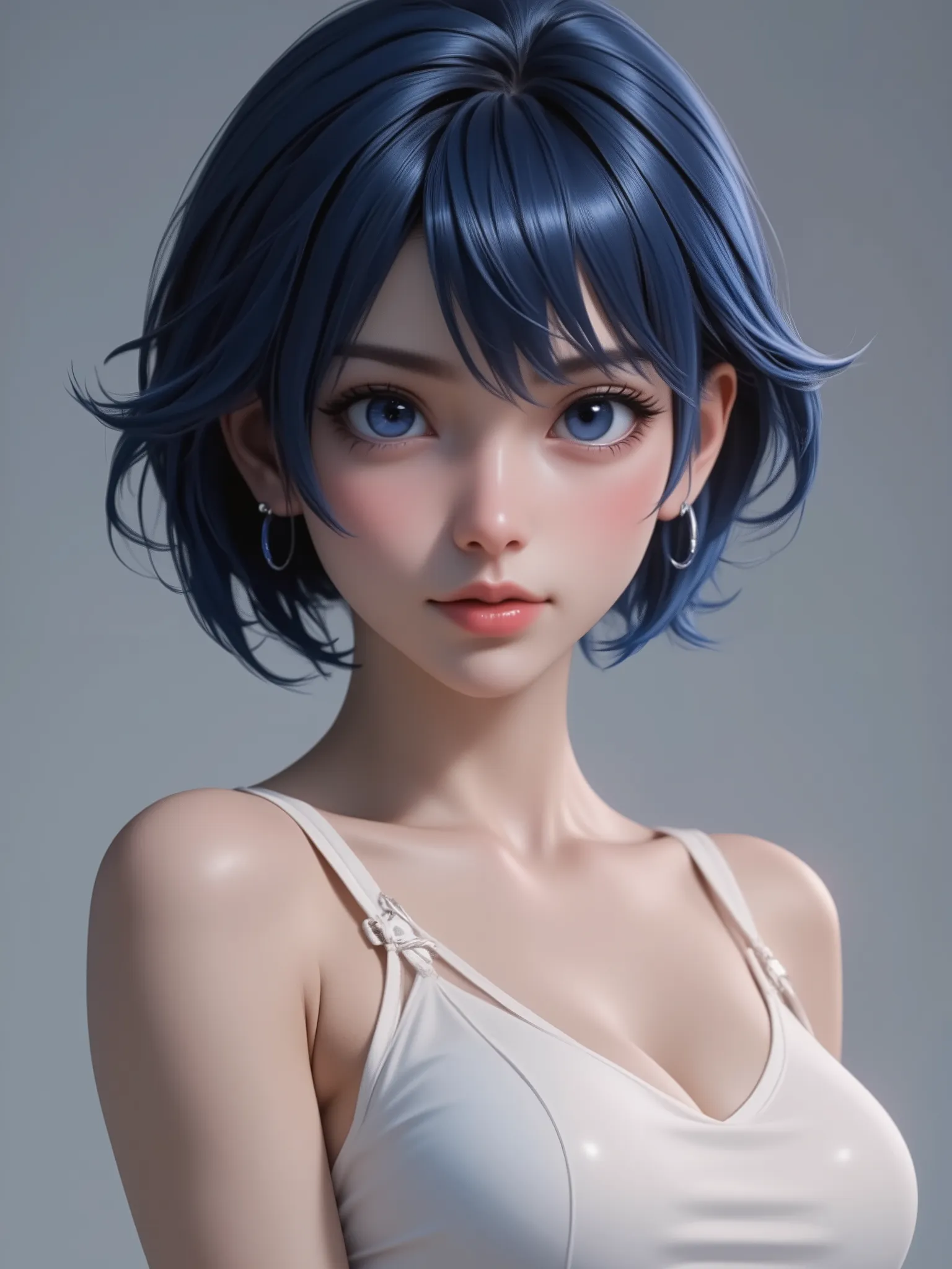 super realism, dark blue hair, short hair, super high resolution, 8k, master piece, sublime, fractal, intricate, high quality CG, Beautiful CG, Soft Light, fashion brand image, Fashionable and casual, The Tyndall effect, lifelike, studio, Side lighting, (H...