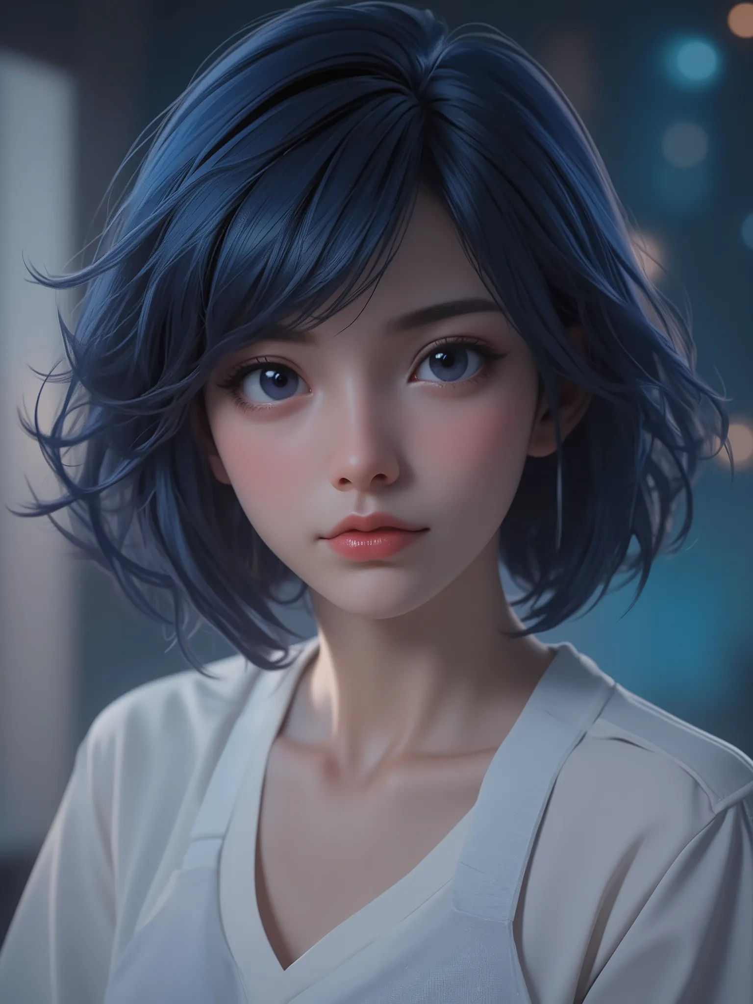 super realism, dark blue hair, short hair, super high resolution, 8k, master piece, sublime, fractal, intricate, high quality CG, Beautiful CG, Soft Light, fashion brand image, Fashionable and casual, The Tyndall effect, lifelike, studio, Side lighting, (H...