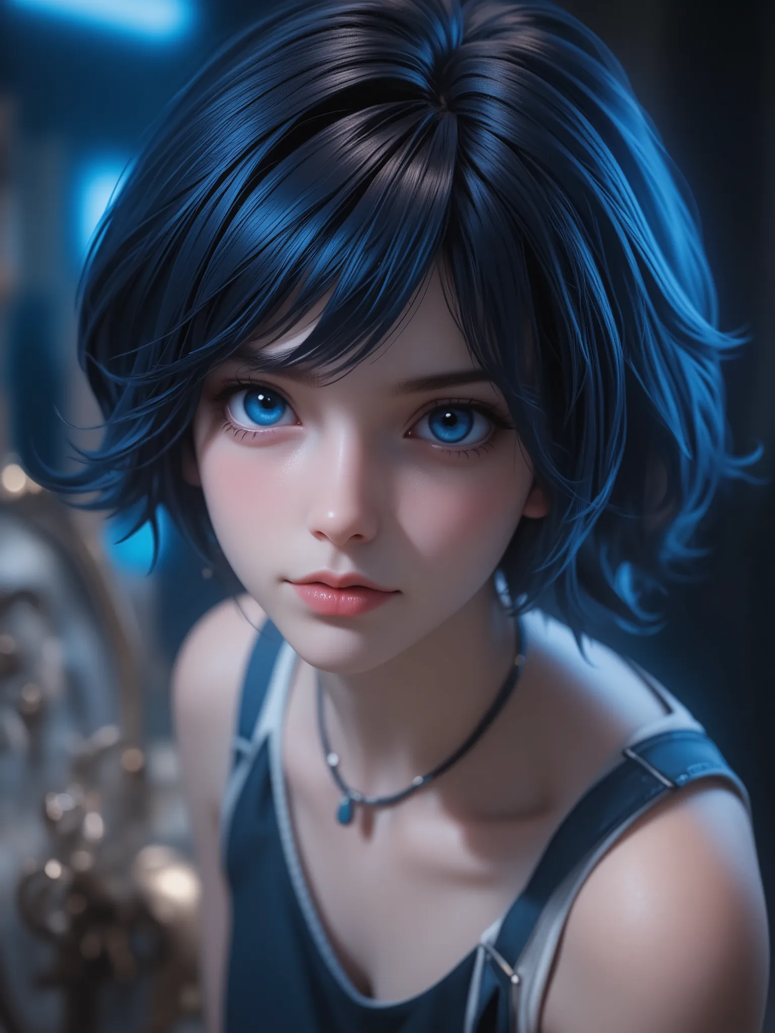 super realism, dark blue hair, short hair, super high resolution, 8k, master piece, sublime, fractal, intricate, high quality CG, Beautiful CG, Soft Light, fashion brand image, Fashionable and casual, The Tyndall effect, lifelike, studio, Side lighting, (H...