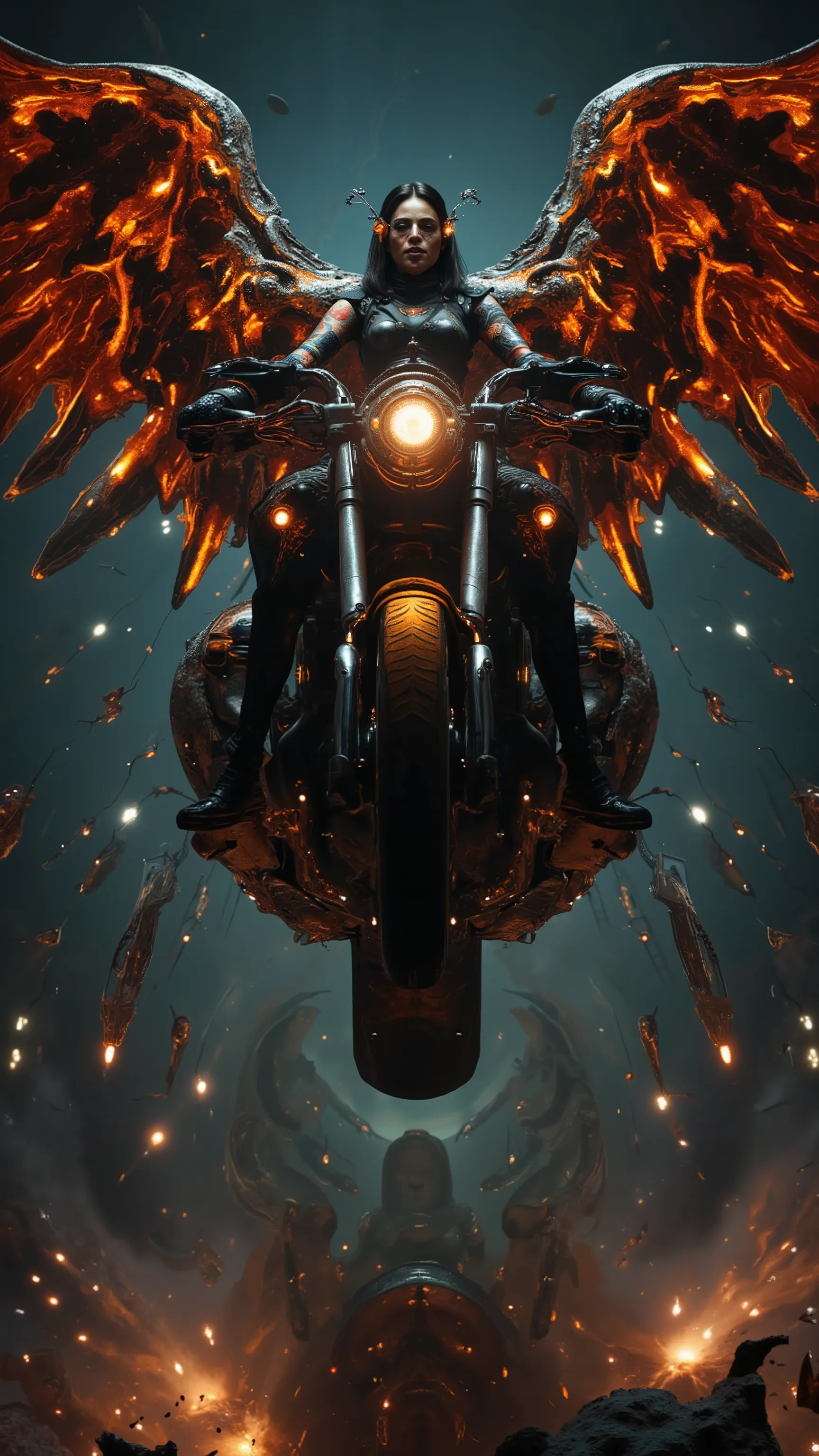 An armored valkyrie (commanding a cyber-motocycle mount, ((the mount is a fusion of molten asteroid and rocket booster)), hurling through a sky torn by war). Her wings are wide and sharp, shaped like shards of red crystal. The mount is covered in mechanica...