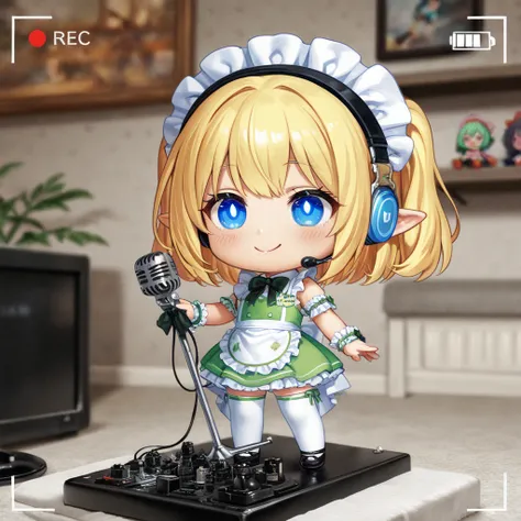 A chibi-style, Nendoroid-inspired anime figure of a cute elf woman podcaster in a cozy recording studio. Emphasize a big head and  with oversized, expressive eyes, glossy plastic-like textures, and bright, vivid colors. Include the microphone, headphones, and mixing console to maintain the radio host setting. High detail, ultra-clean rendering, and a collectible figure aesthetic reminiscent of Good Smile Company Nendoroids.