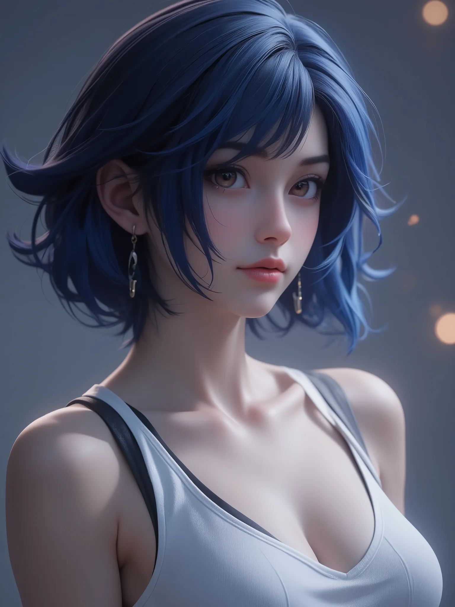 super realism, dark blue hair, short hair, super high resolution, 8k, master piece, sublime, fractal, intricate, high quality CG, Beautiful CG, Soft Light, fashion brand image, Fashionable and casual, The Tyndall effect, lifelike, studio, Side lighting, (H...