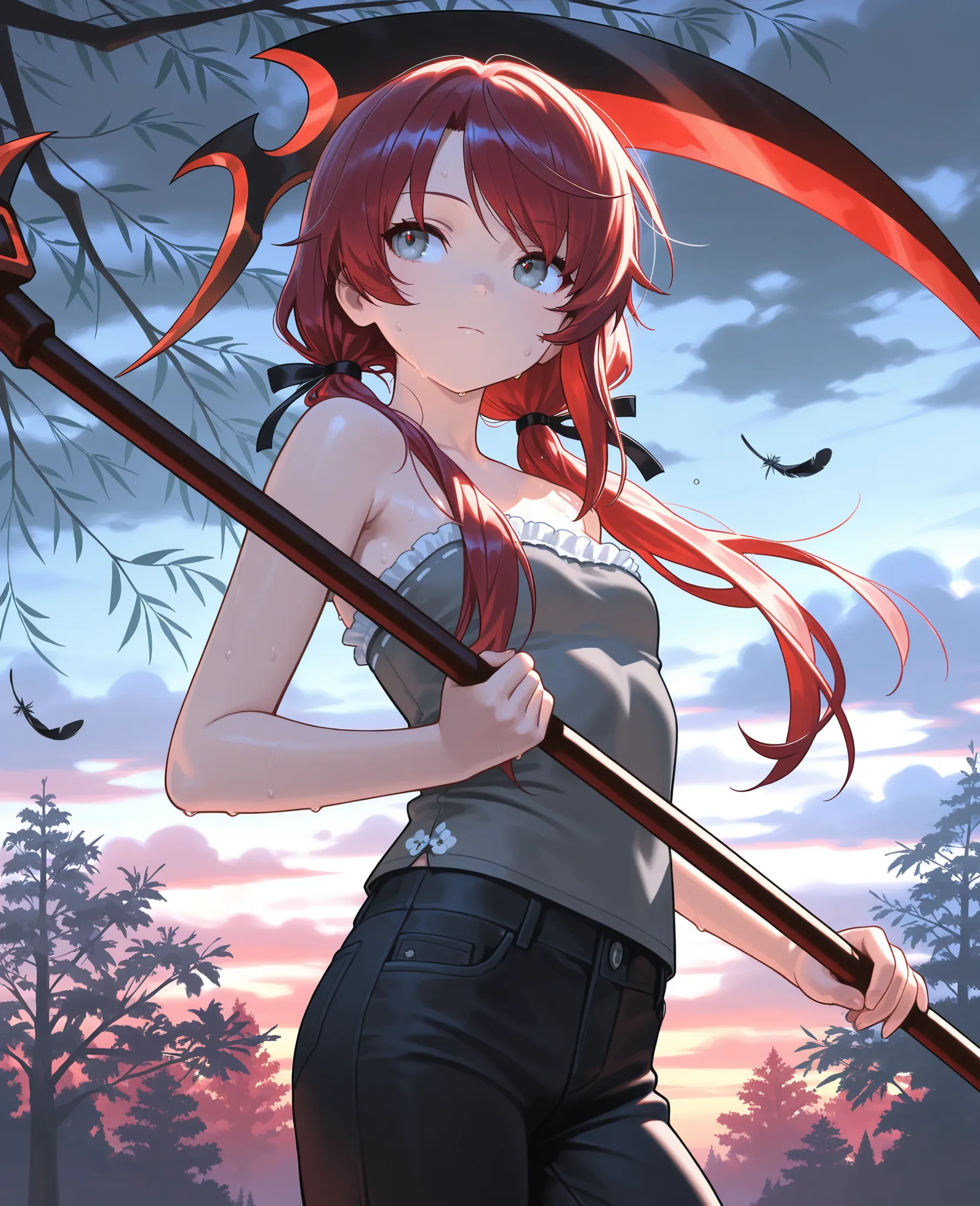 (masterpiece:1.2, Best Quality), (finely detailed beautiful eye: 1.2), (beautiful detailed face), sweat, close up, expressionless, hair ribbons, strapless sleeveless shirt, gray shirt, shirt with white trim, white frill trim, black jeans,, small breast, da...
