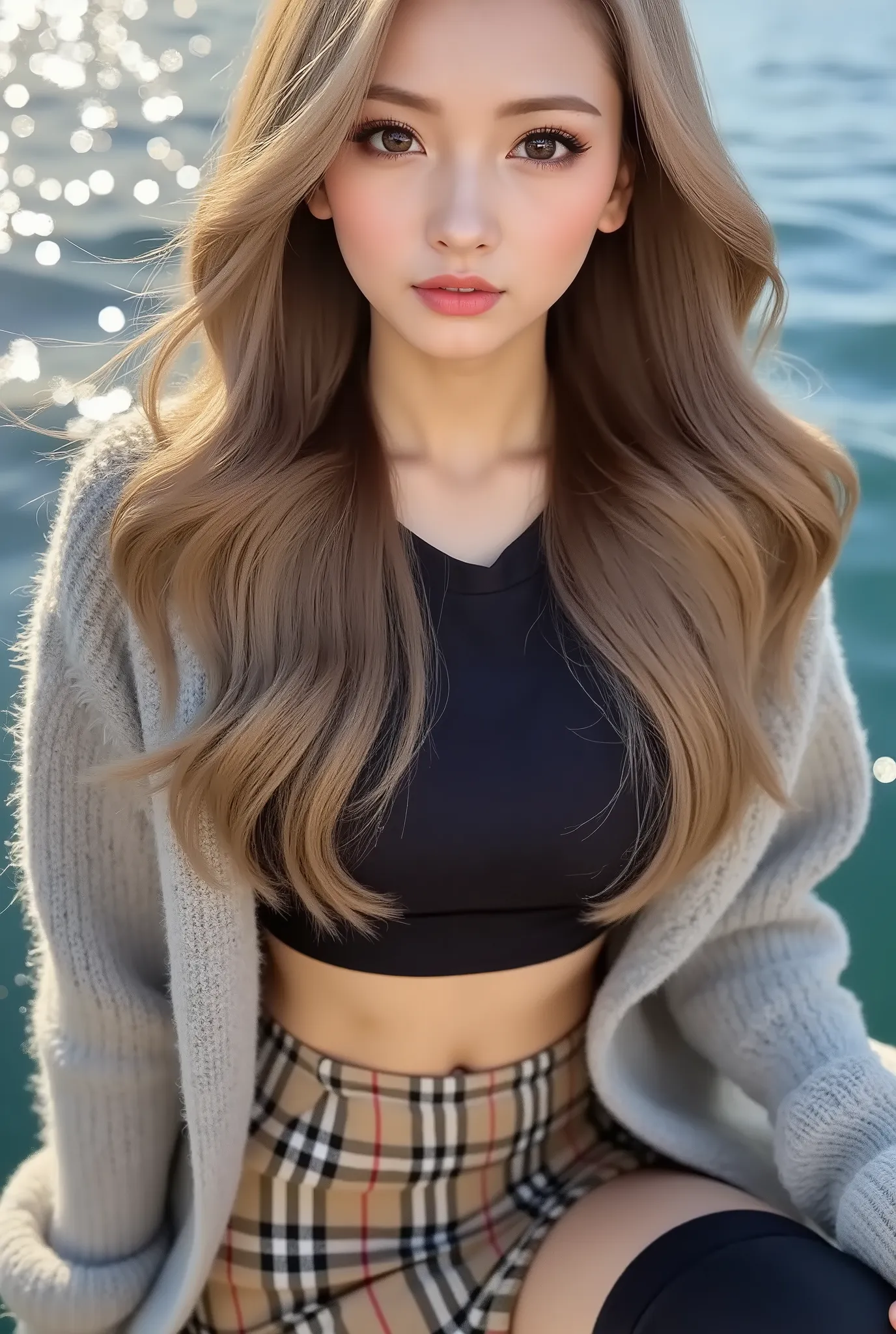 Cool Beauty, blonde, shiny, silky, wavy long hair,Passionate and explicit expression, charming eyes, Transcendental Style , Big breasts:Gcap,Tight Hips,wearing a black wide crop top with open shoulders and an oversized knit, fluffy, girly sweater, Burberr...