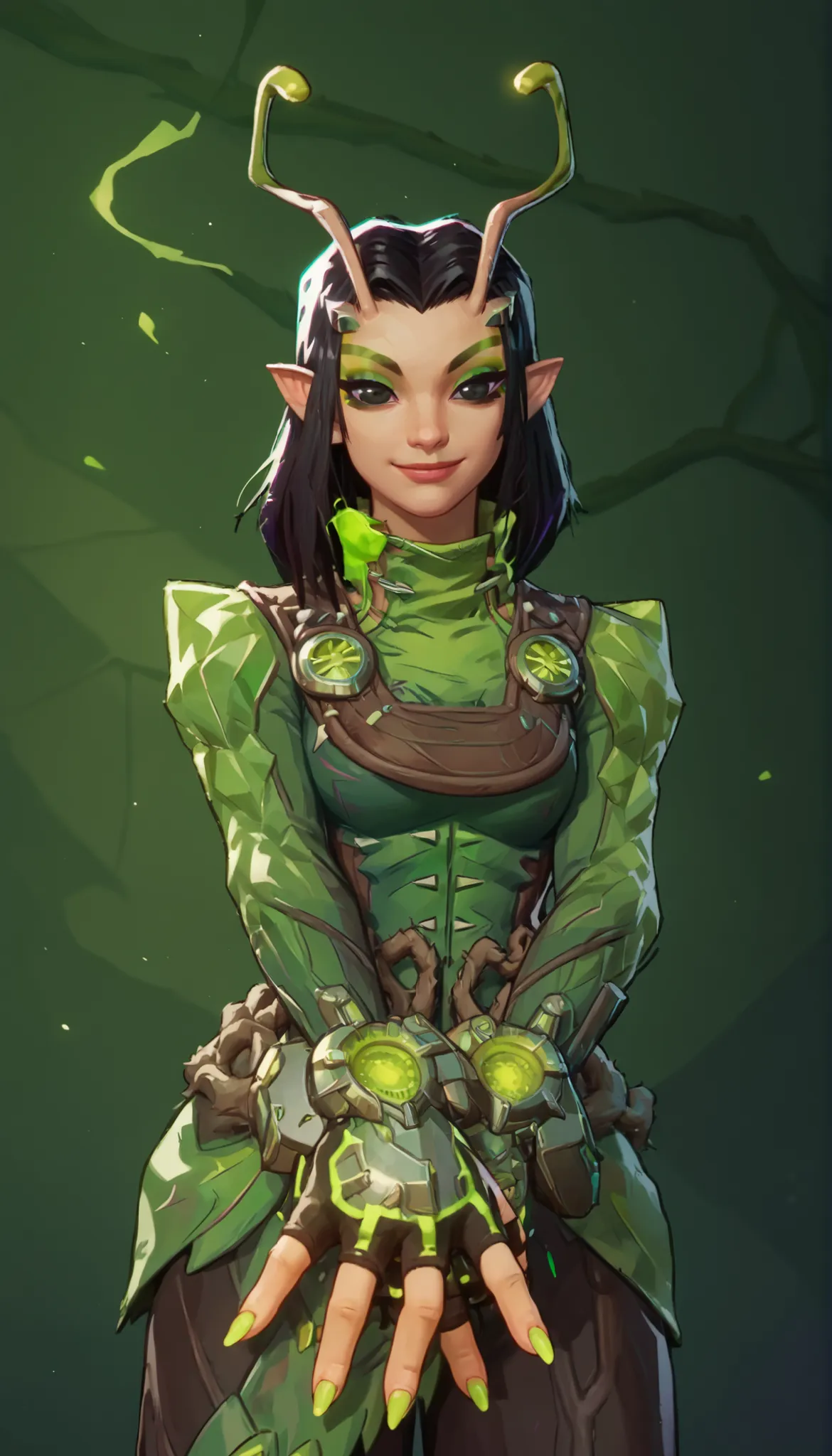 score_9, score_8_up, score_7_up, score_6_up, expressiveh, mantis_rivals, green details, 1girl, solo, black and green clothes, antennae, medium hair, black hair, bodysuit, hand equipment, fingerless gloves, pointy ears, vines, nail polish, green nail polish...