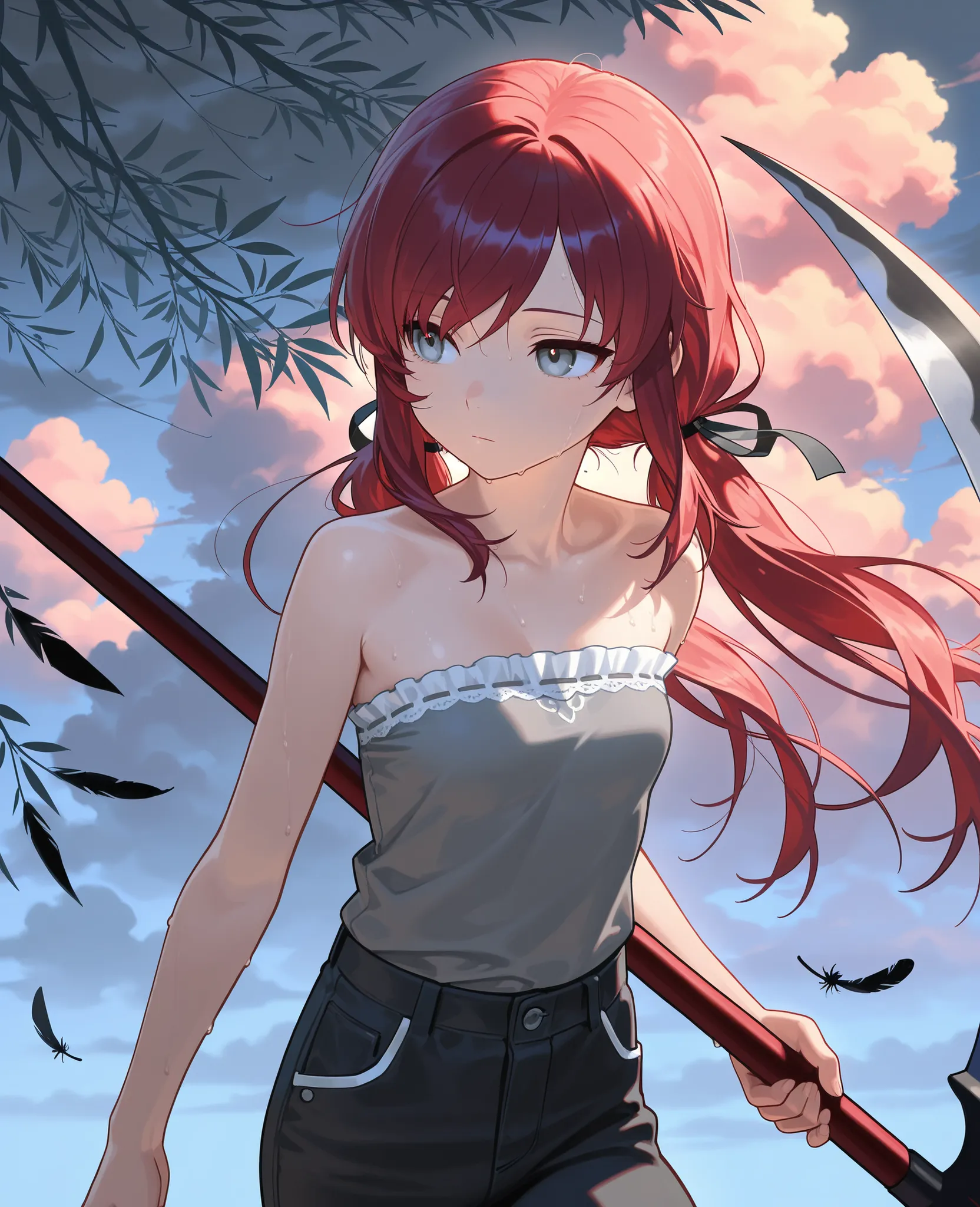 (masterpiece:1.2, Best Quality), (finely detailed beautiful eye: 1.2), (beautiful detailed face), sweat, close up, expressionless, hair ribbons, strapless sleeveless shirt, gray shirt, shirt with white trim, white frill trim, black jeans,, small breast, da...