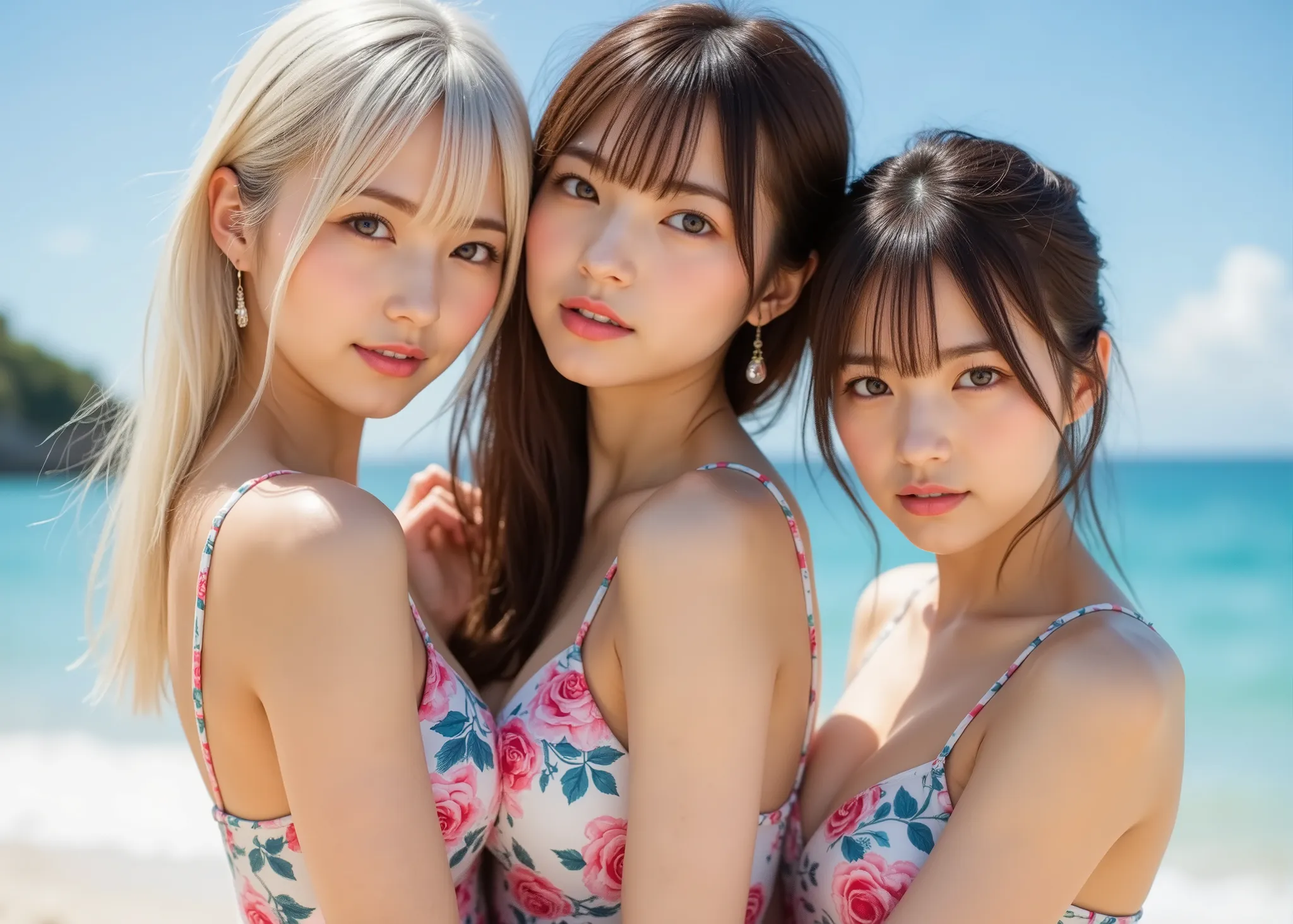 (greatest masterpiece:1.2), (RAW photo:1.2), Professional Photoshoot,  
 Three Beauties Who Grab  ,  
Smooth and flowy skin,  sexy swimsuit
perfect makeup,  
 realistic and radiant skin texture ,  
 ideal anatomy and proportions ,  
Medium to extra large ,...
