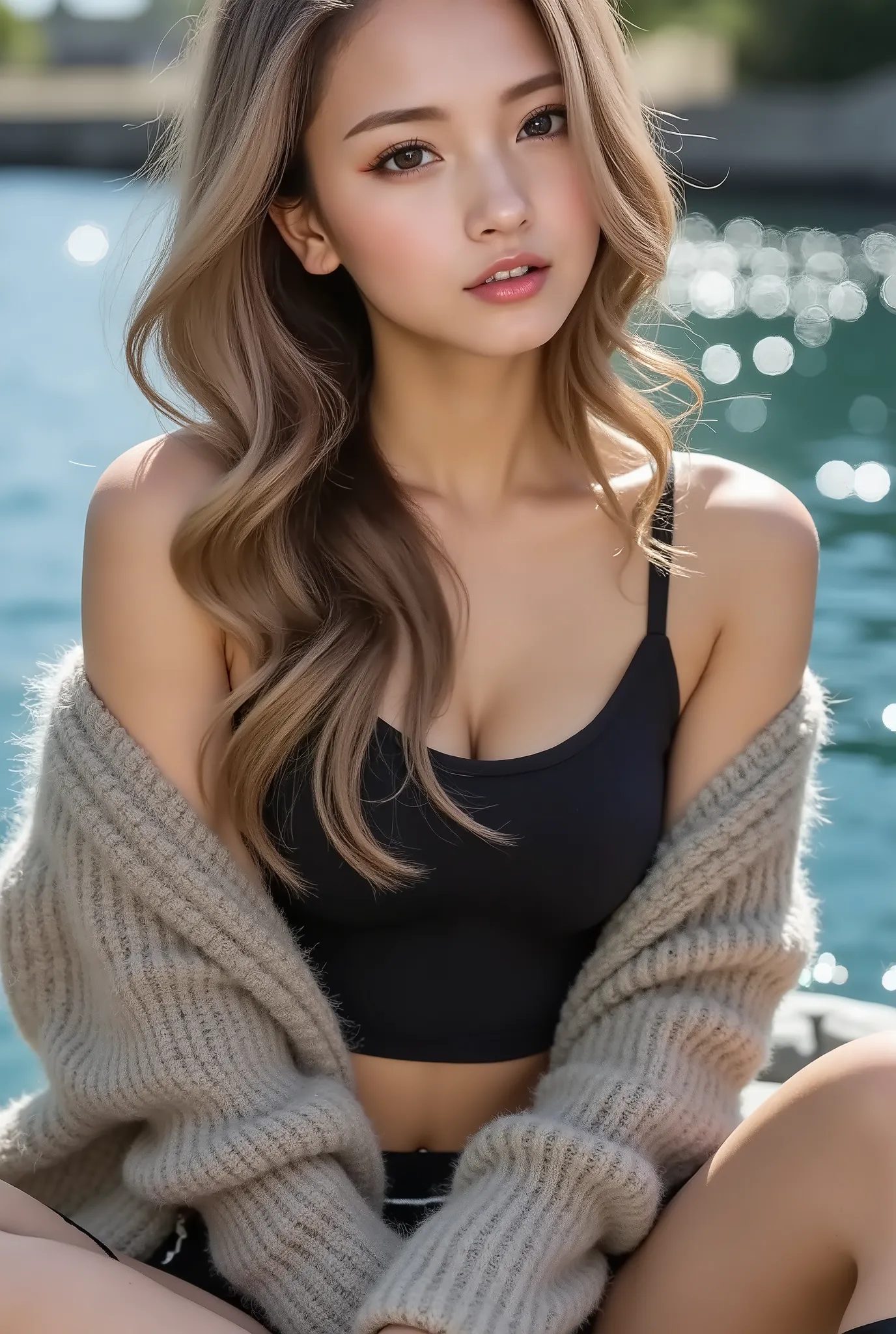Cool Beauty, blonde, shiny, silky, wavy long hair,Passionate and explicit expression, charming eyes, Transcendental Style , wearing a black wide crop top with open shoulders and an oversized knit, fluffy, girly sweater, Burberry check flared skirt, black ...
