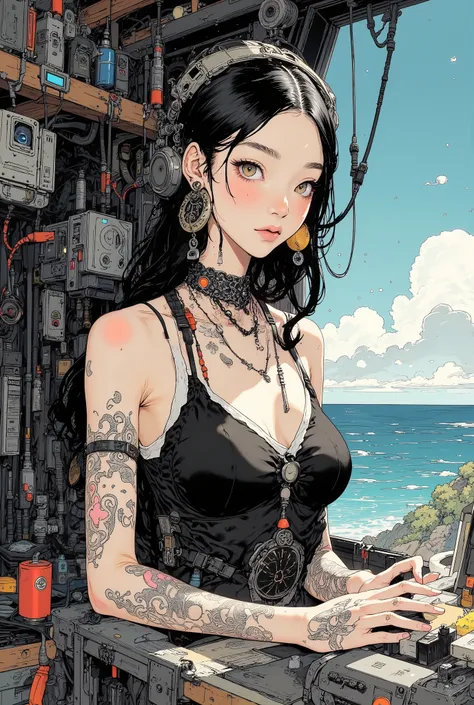 Potcast recording, girl in studio wearing headphones and speaking into studio microphone. face close up : 1.8,  (huge breast), perfect body, ((five fingers)), studded choker, (earrings:0.1), necklace, body tattoos, gives depth and openness to scene, depth ...
