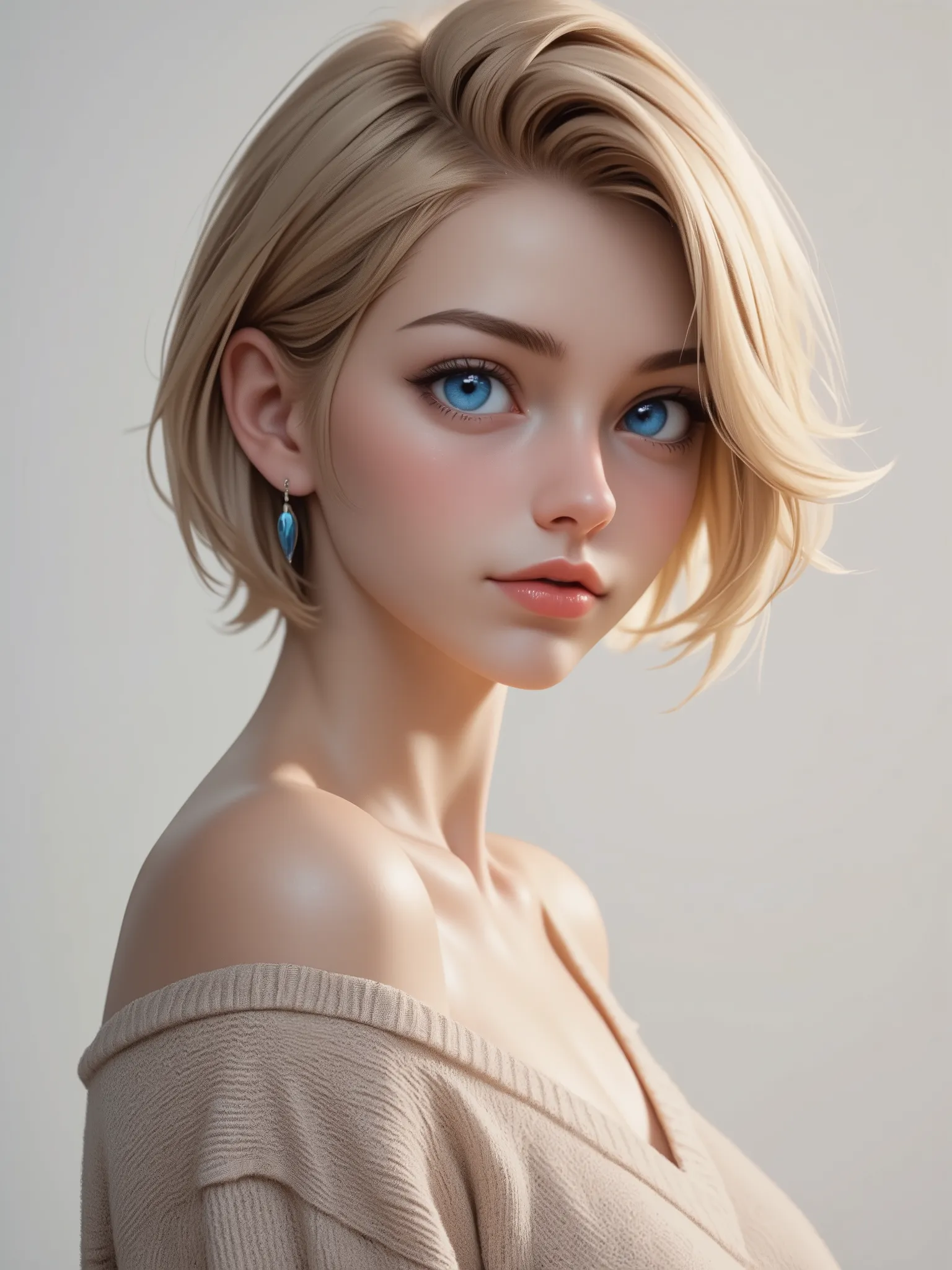 ((best quality)), ((masterpiece)), (detailed), 1girl, off-shoulder sweater, short blonde hair, blue eyes