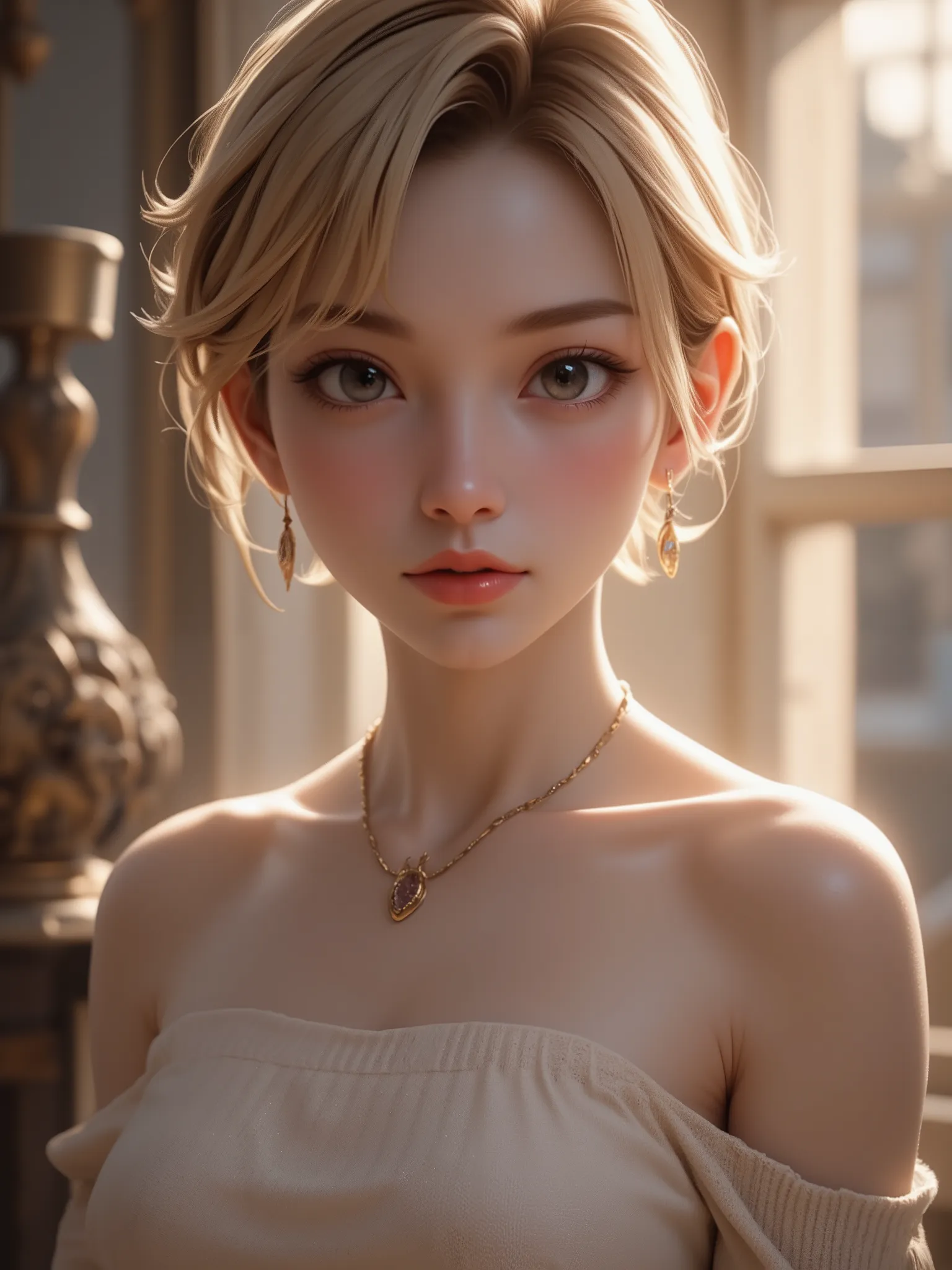 ((best quality)), ((masterpiece)), (detailed), 1girl, off-shoulder sweater, short blonde hair.