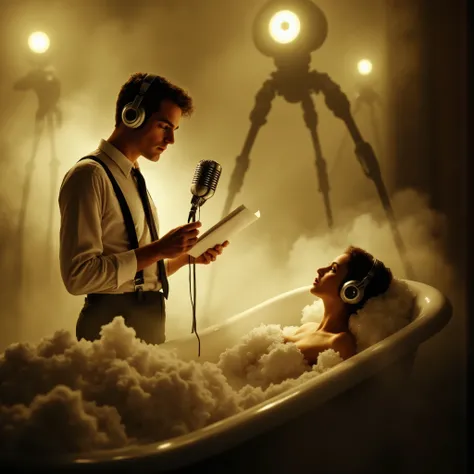 A single cinematic scene blending three realities into one frame: In a dimly lit 1930s bathroom thick with steam and fog, a clean-shaven young Orson Welles stands beside a clawfoot bathtub, wearing a white shirt, tie, and suspenders. He reads solemnly from...