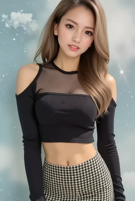masterpiece:1.3,Japanese,cute,Model,excellent style,Big breasts,Gcap,Cool Beauty, blonde, shiny, silky, wavy long hair,Passionate and explicit expression, charming eyes, Transcendental Style , wearing a black wide crop top with open shoulders and an oversi...