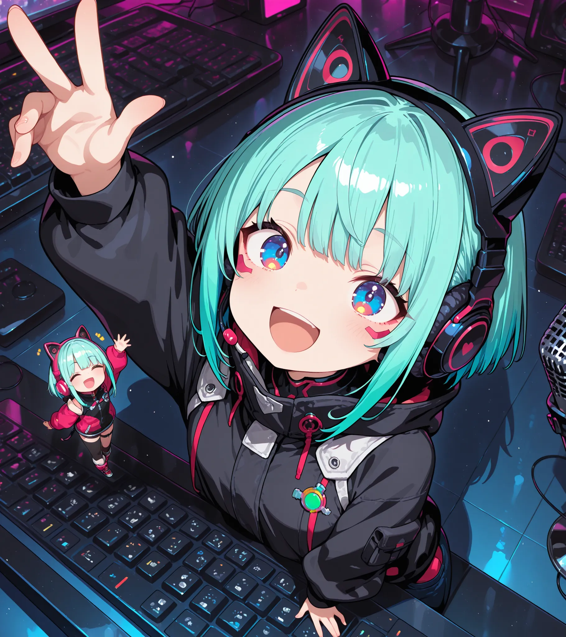 (masterpiece, best quality, absurdres,highres, newest, very awa, general), (minigirl on keyboard), :d, size difference, microphone, animal ear headphones, headphones, cyberpunk, arm up
