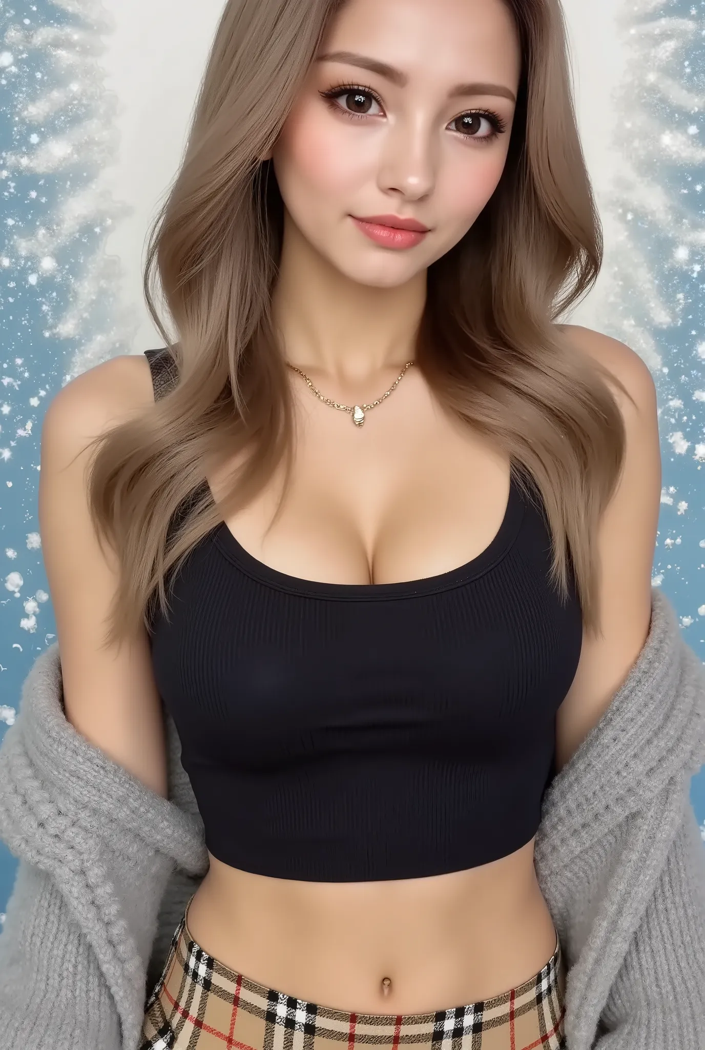 Cool Beauty, blonde, shiny, silky, wavy long hair,Passionate and explicit expression, charming eyes, Transcendental Style , Big breasts:Gcap,Tight Hips,wearing a black wide crop top with open shoulders and an oversized knit, fluffy, girly sweater, Burberr...