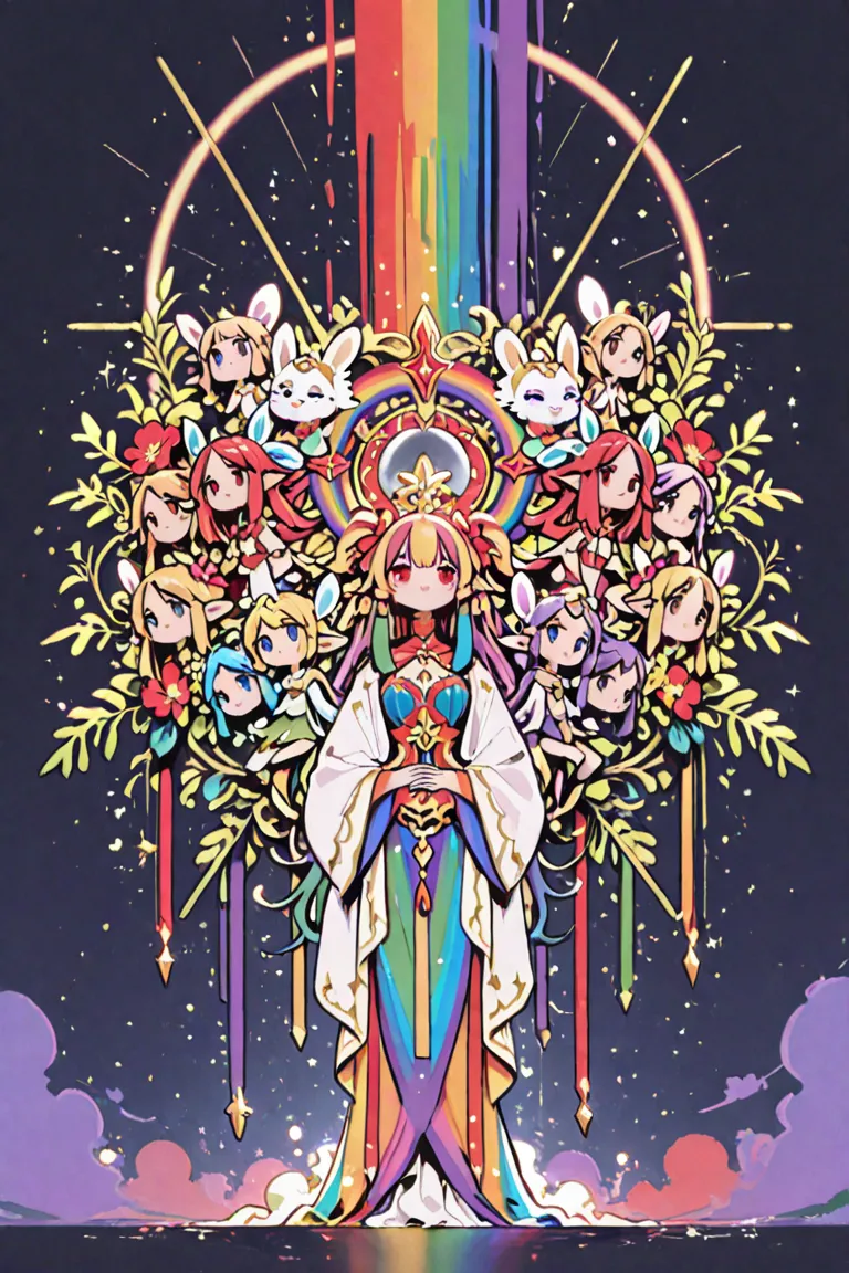 1 person、Fairy、The red color of the rainbow motif、deform、3～About 5 heads