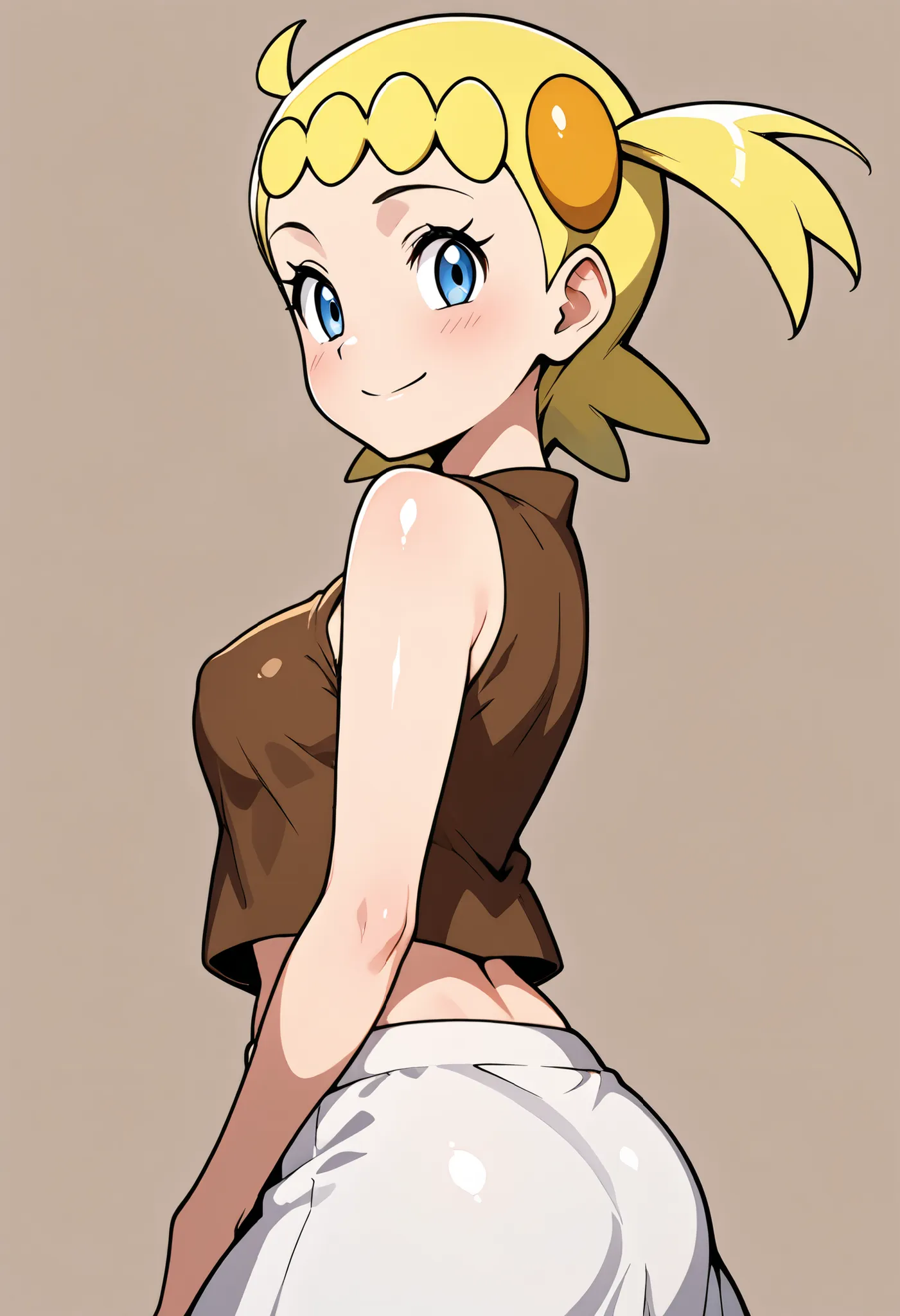 masterpiece, best quality, solo, curvy, beautiful eyes, narrow waist, 1girl, solo, smile, looking at viewer,  medium breasts, (curvy), zzBonnie, bonnie_(pokemon), blue eyes, ahoge, blonde hair, hair ornament, short hair, side ponytail, brown shirt, white s...