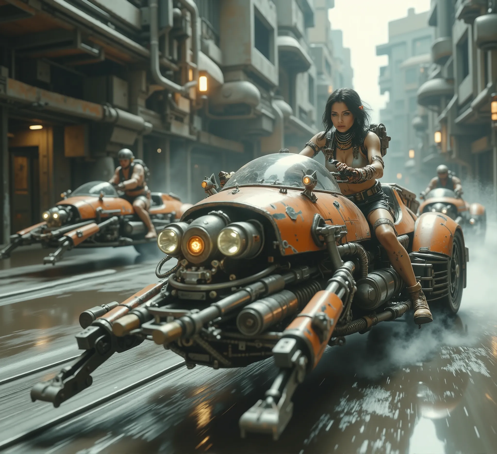 cinematographic photography using the rule of thirds and composition on planes Side photo full body shot counterposed, soft light, unmarked contrasts, a retrofuturistic motorcycle (Speeder bike) Flying ( bike) inspired by motorcycles with low frame and hu...