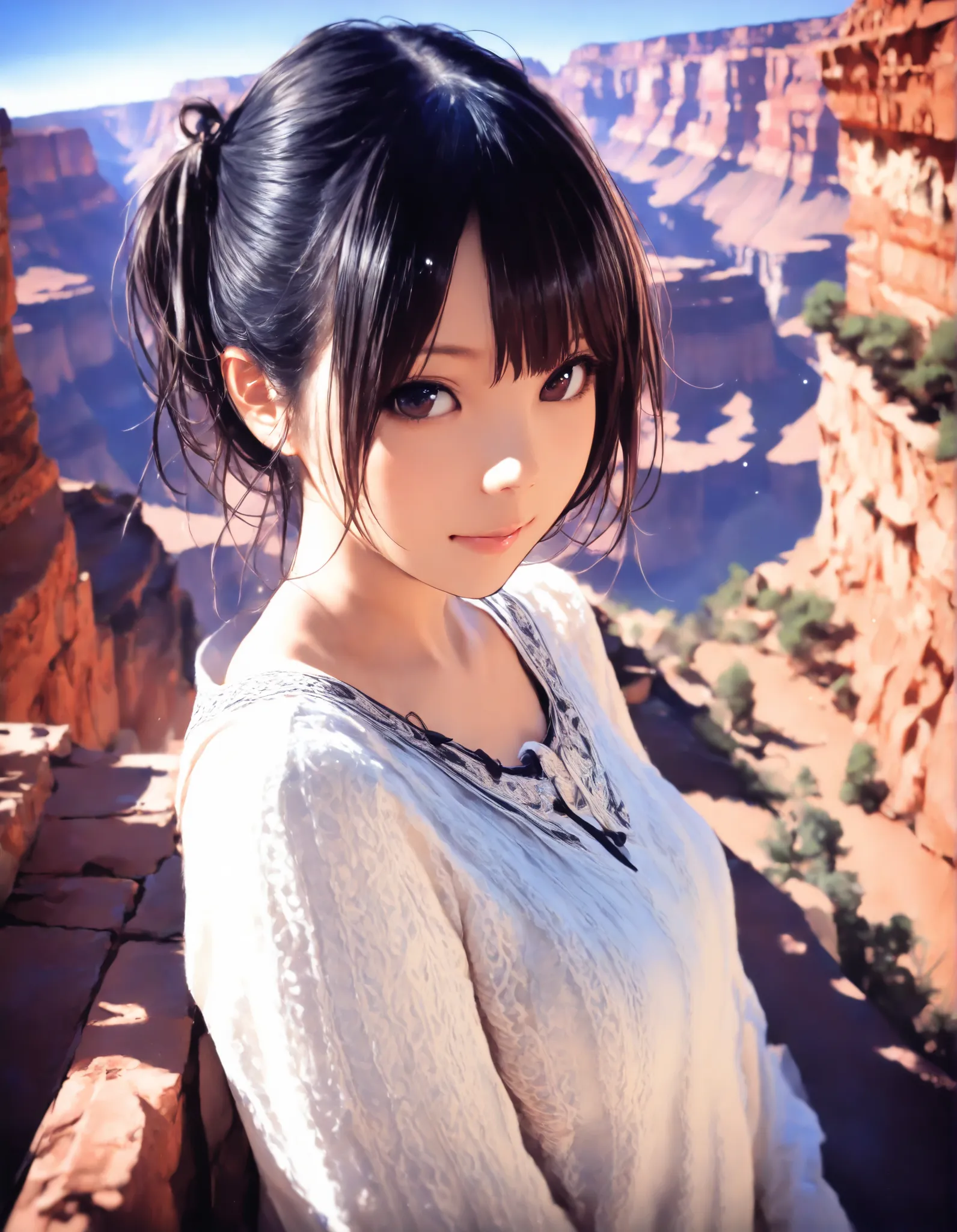 1girl, year 2016, upper body, Grand Canyon, blue sky, casual clothes, masterpiece, high score, great score, absurdres, 16k, Ultra detailed, (photorealistic : 0.5)