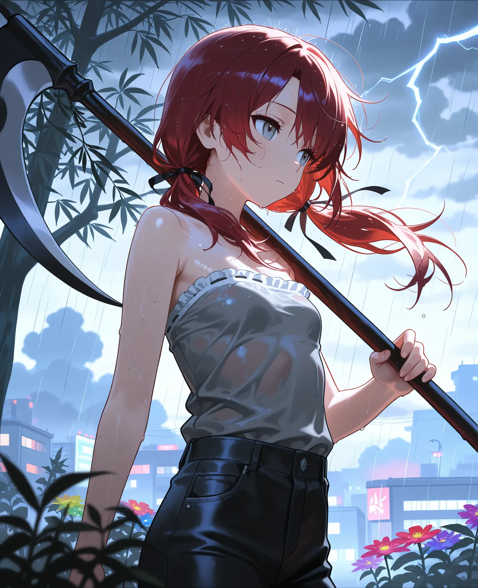 (masterpiece:1.2, Best Quality), (finely detailed beautiful eye: 1.2), (beautiful detailed face), sweat, close up, expressionless, hair ribbons, strapless sleeveless shirt, gray shirt, shirt with white trim, white frill trim, black jeans,, small breast, da...