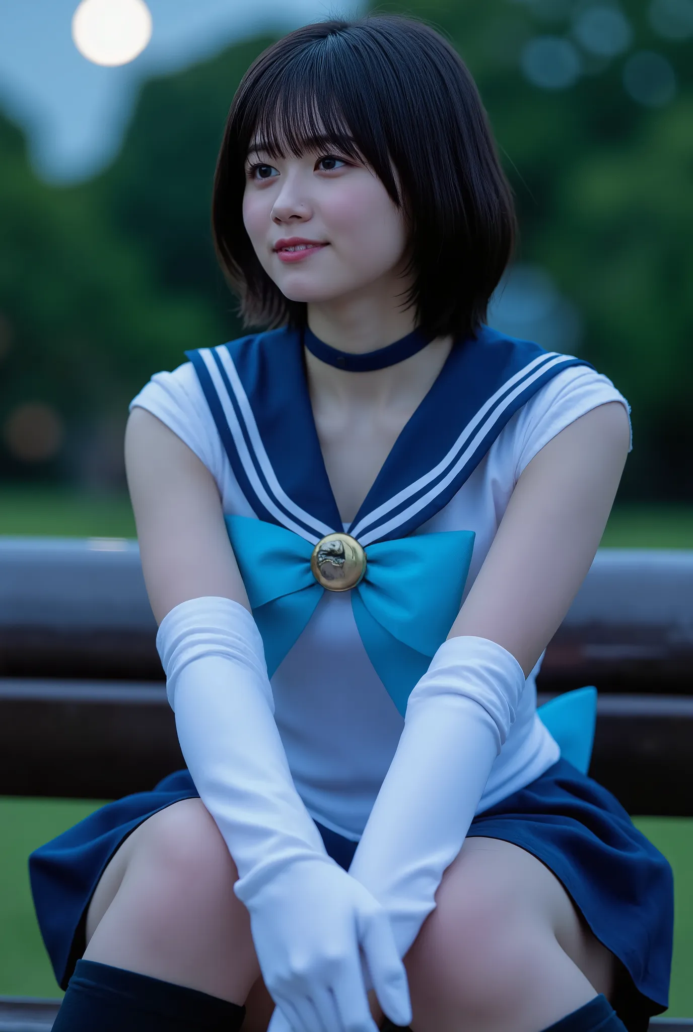 Photorealistic, 1 girl, Sailor Mercury, M3RCury , solo, high resolution, masterpiece, water droplets create the effect of wet water, Pretty girl, The cowboy shot, It's raining, moonlight, After dark, Moonlit Night, Mikazuki, (((Can you see the moon in the ...