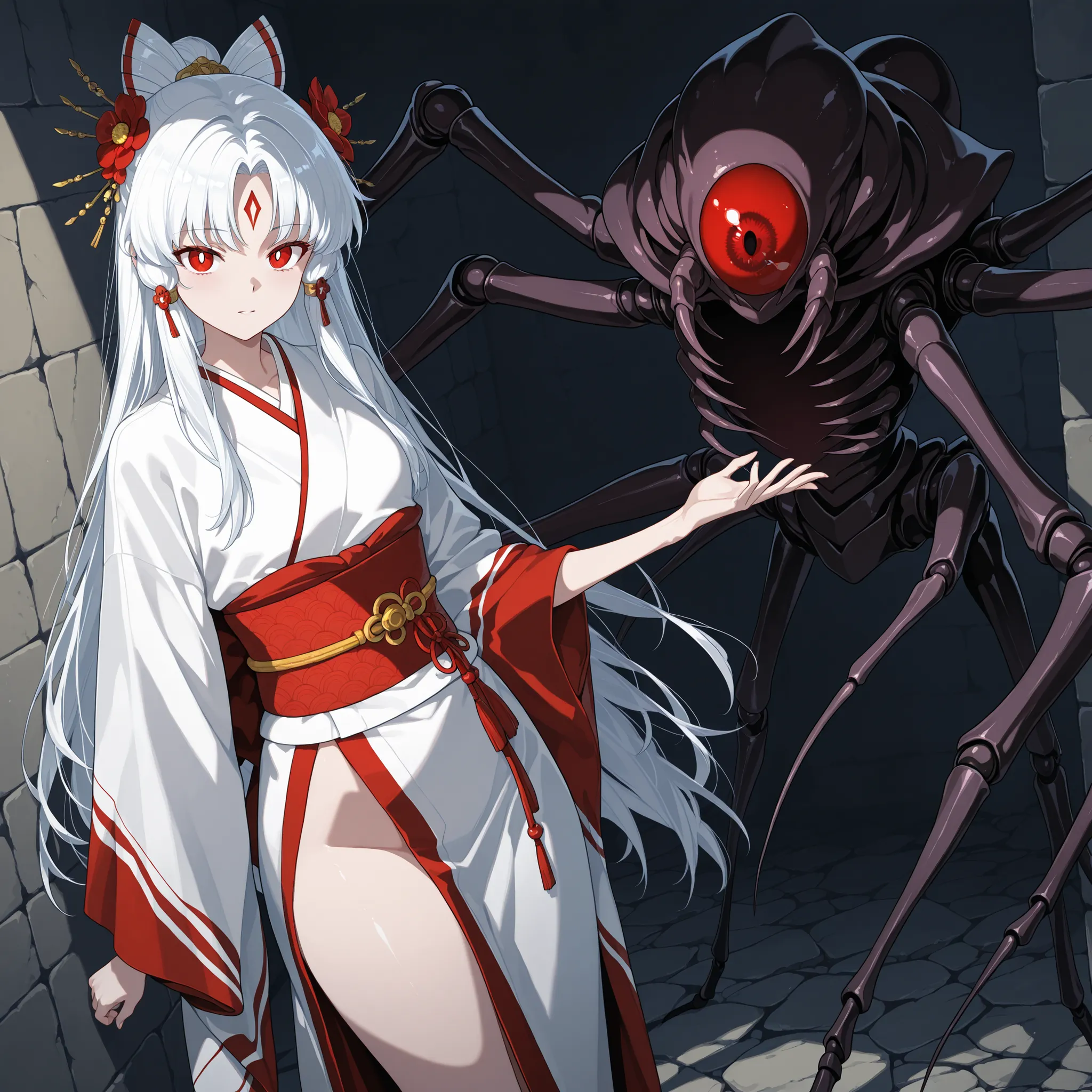 The image is a highly detailed,erotic digital illustration featuring a young girl with long,flowing white hair adorned with red flowers. She wears a traditional Japanese kimono with red and white colors,featuring long sleeves and a red obi sash. Her kimono...