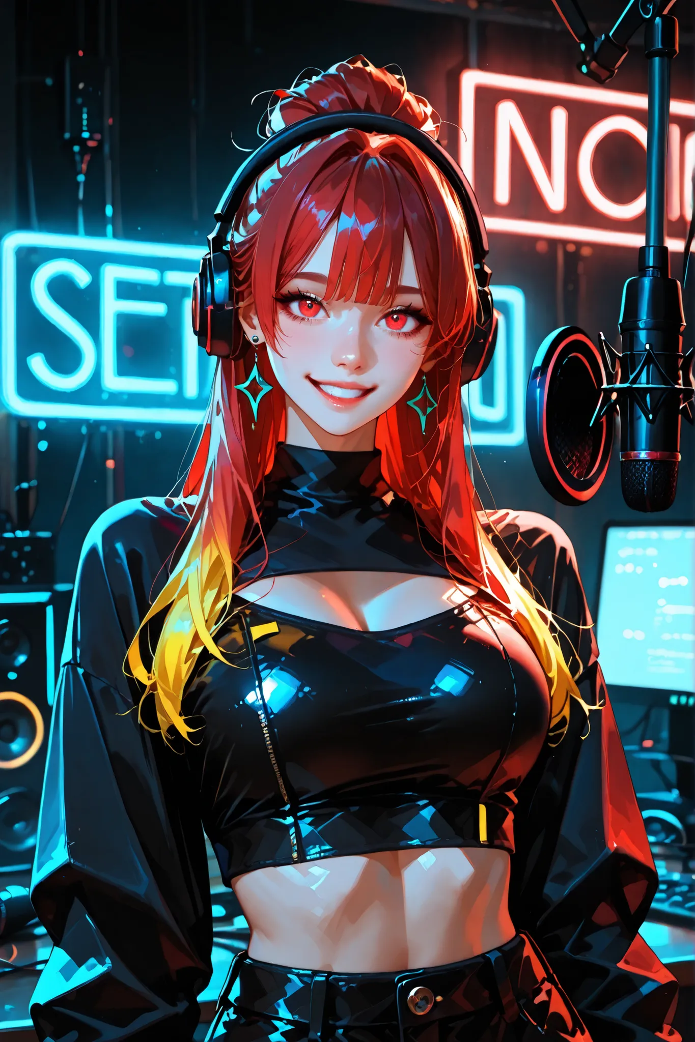 (SuperQuality:1.0) ~ (SuperQuality:1.2), detailxl, 1girl, Solo, High Resolution, Best Quality, High Details, Super Detailed, podcaster, studio, Long Hair, pixie hairstyle, Red Hair, yellow inner dye hair, red eyes, Large breasts, Earrings, black crop top, ...