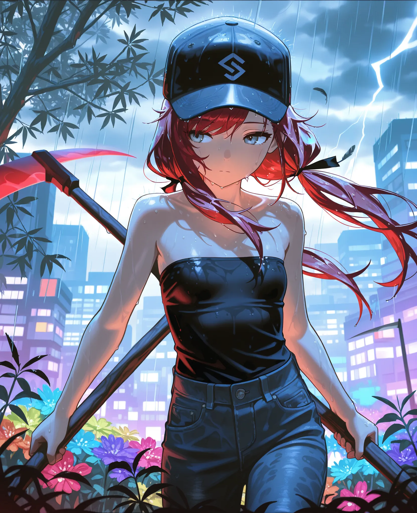 (masterpiece:1.2, Best Quality), (finely detailed beautiful eye: 1.2), (beautiful detailed face), sweat, close up, expressionless, hair ribbons, strapless sleeveless shirt, black shirt, black baseball cap, jeans,, small breast, dark red hair, long low twin...
