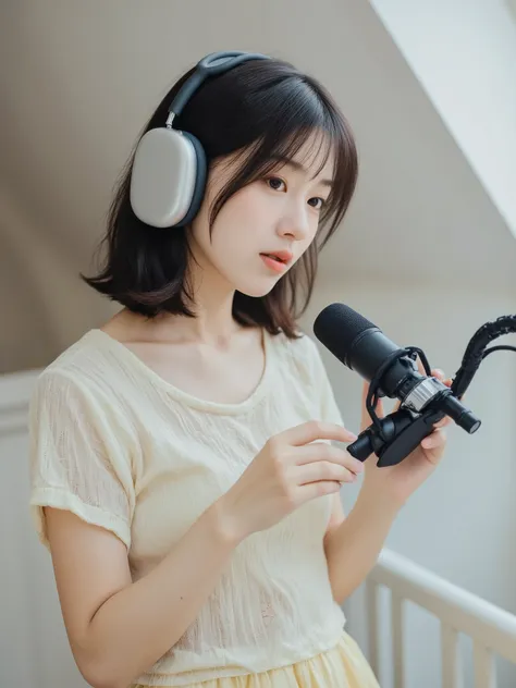 A cute Japanese woman.
She's wearing a casual, light spring outfit.
She's wearing a headphone and talking into a microphone on a podcast.