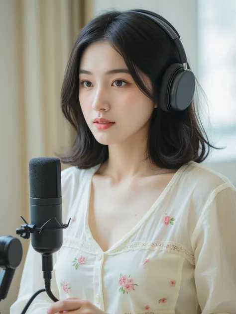A cute Japanese woman.
She's wearing a casual, light spring outfit.
She's wearing a headphone and talking into a microphone on a podcast.
