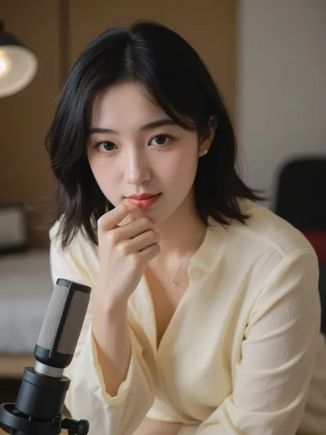A cute Japanese woman.
She's wearing a casual, light spring outfit.
She's wearing a headset and talking into a microphone on a podcast.