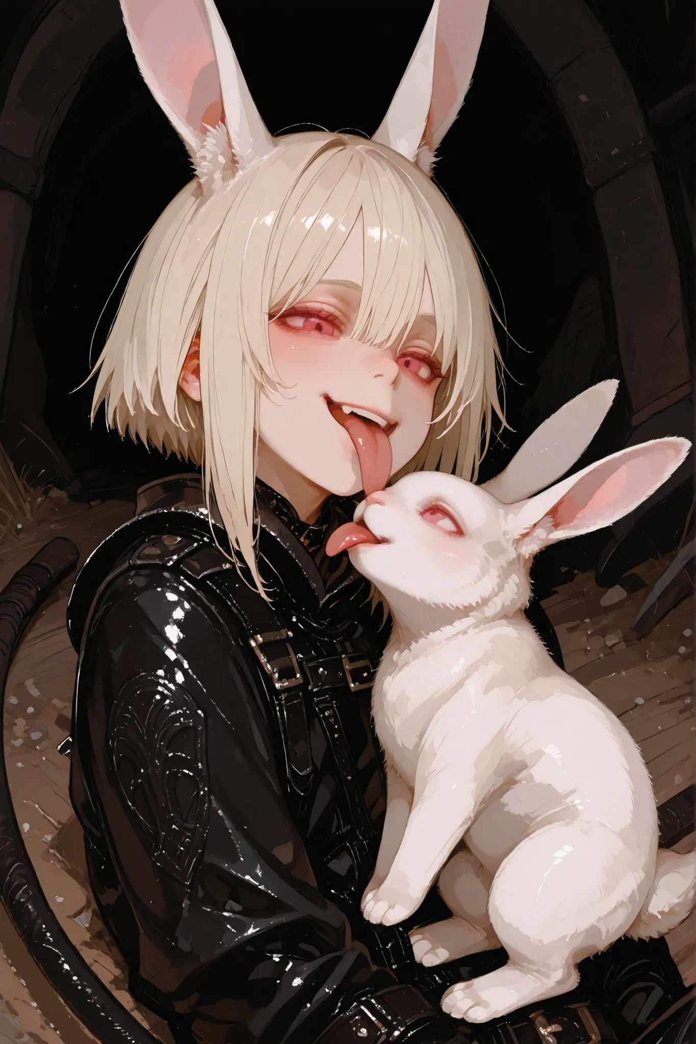 Young man, that looks like a human but the tail and ears of a rabbit. He wears a black leather suit and a semi-human whip. His ears are white rabbits and his tail is white. 1 person. He has platinum blonde hair and pink eyes, a maniacal smile and his tongu...