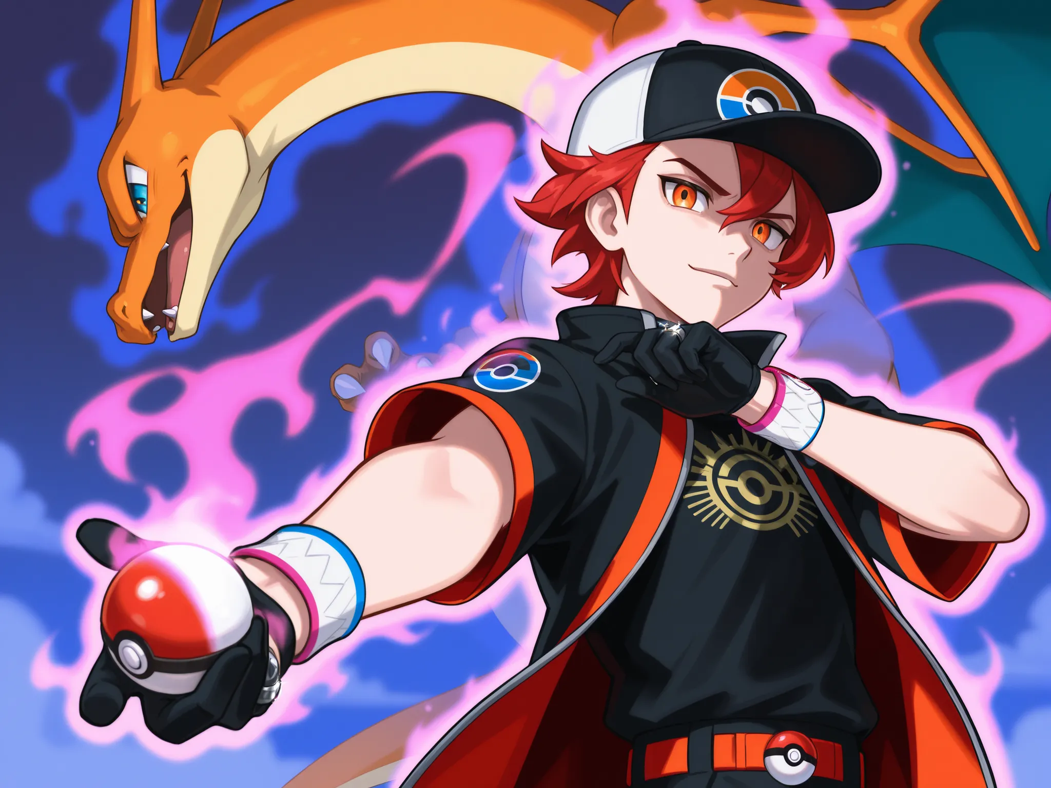 fifteen years boy, one boy, Selvsikker smil expression. hair lifted up, medium short hair, baseball cap with a pokeball symbol, red hair, beauty face, orange eyes, black jersey, loose red short-sleeved overcoat, pair of medium black gloves for mega-stone,...
