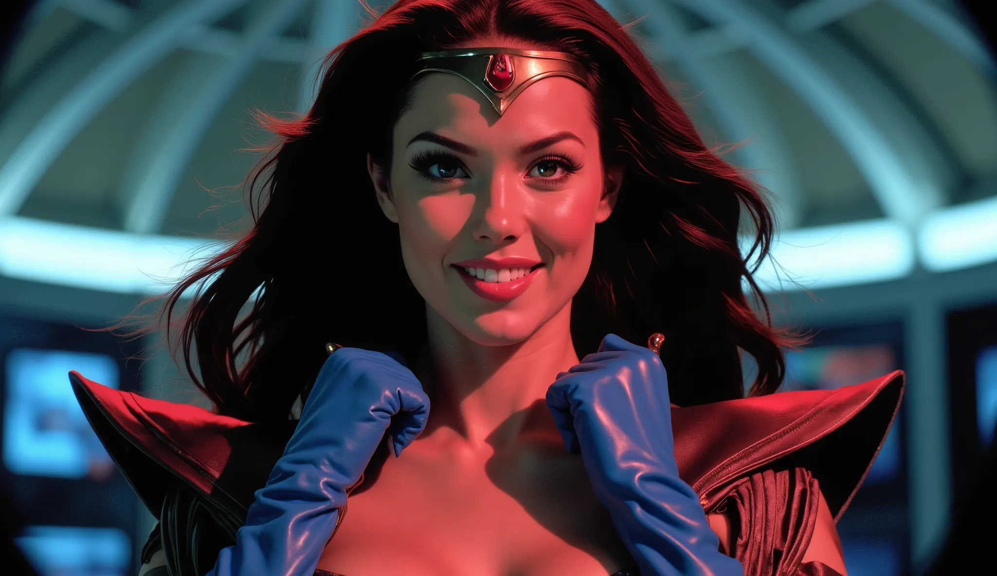 RAW photo, film still from an 80s superhero TV series, a stunningly beautiful long-haired woman, ((sweet smile)), ((charming eyes)), seductive teasing expression, wearing a sleek blue-black superhero costume. She is provocatively pulling open her collar, e...