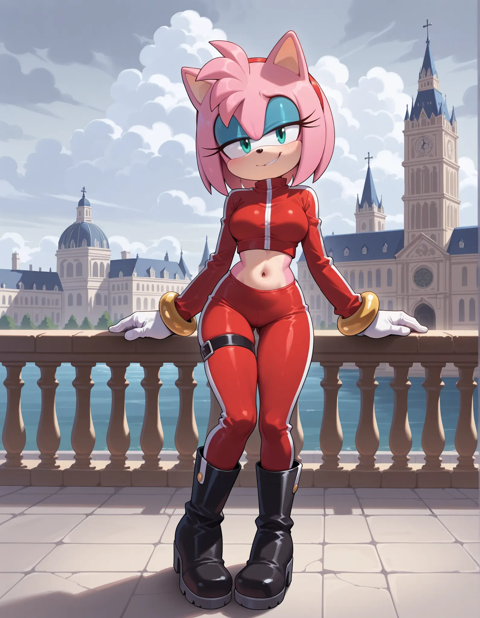 masterpiece, best quality, amazing quality, very aesthetic, absurdres, source furry, ((Amy Rose)), ((short body)), half closed eyes, cyan eyes, blue eye makeup, outdoors, saint basil cathedral, grey cloudy day, looking at viewer, smirk, midriff, navel, med...