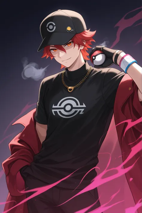 fifteen years boy, one boy, Selvsikker smil expression. hair lifted up, medium short hair, baseball cap with a pokeball symbol, red hair, beauty face, orange eyes, black jersey, loose red short-sleeved overcoat, pair of medium black gloves for mega-stone,...