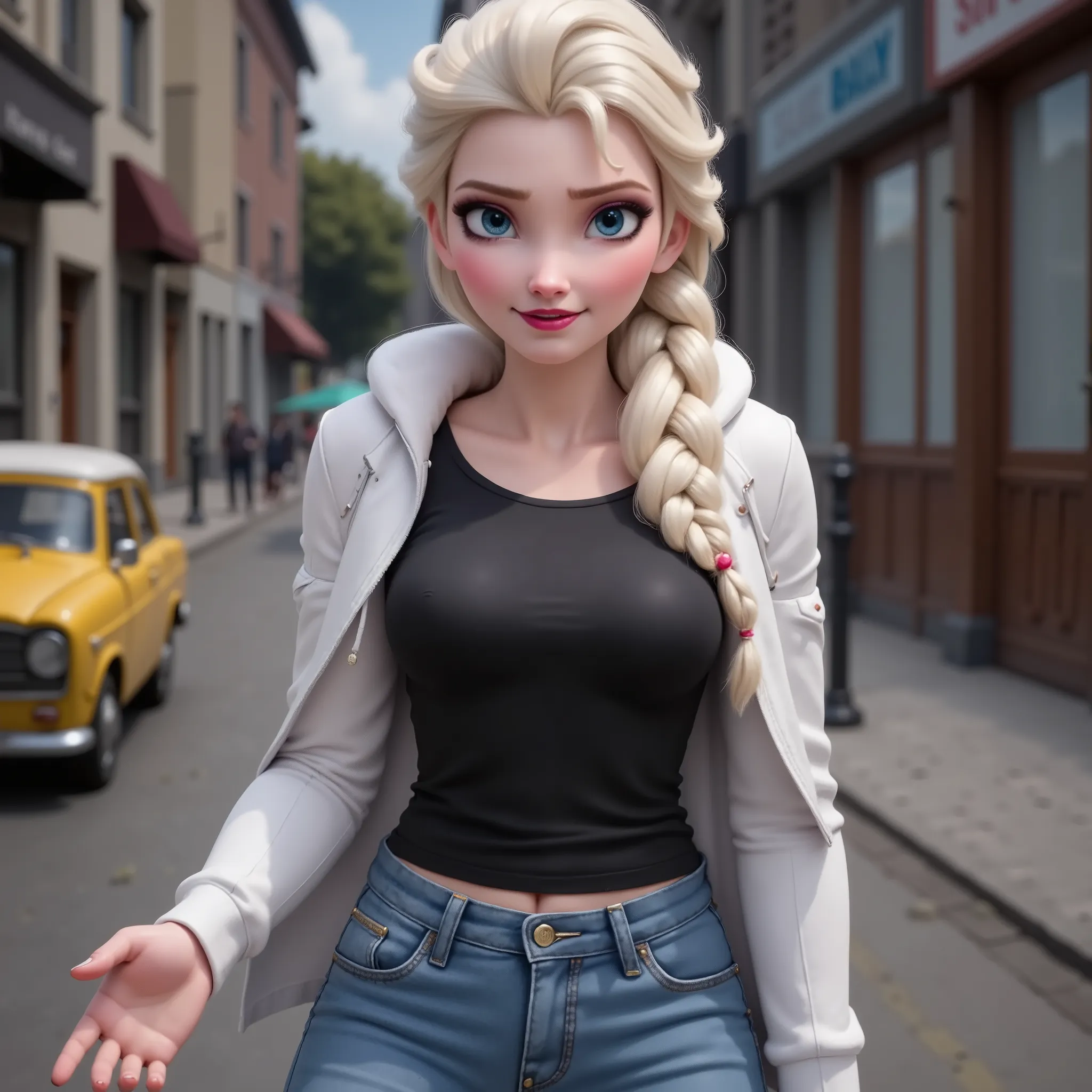 Elsa has a black shirt and white jacket, And she's wearing jeans..Get out