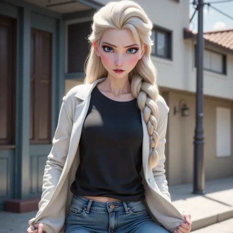 Elsa has a black shirt and white jacket, And she's wearing jeans..Get out