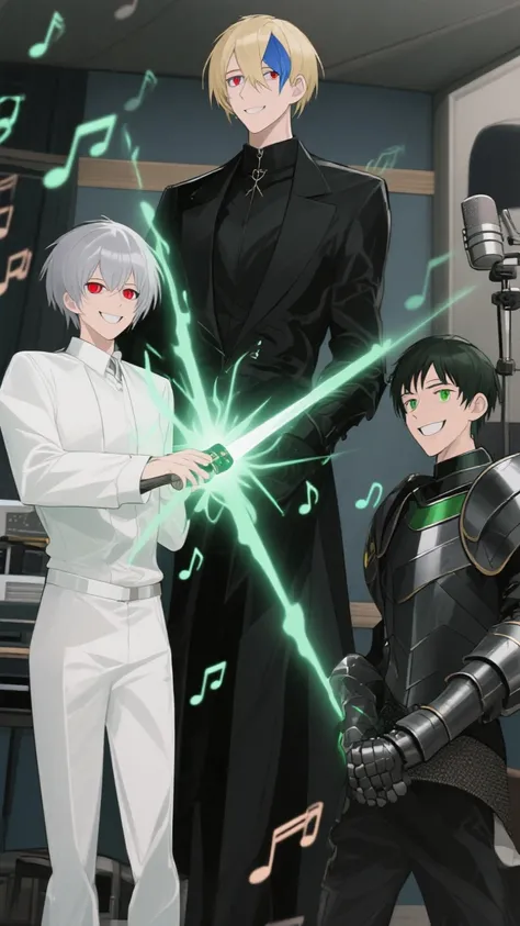 8k Resolution, anime color tone, Solid paint style,3 men, t person\(Arius\), t person is 165cm, t person with short, well-groomed silver hair and red eyes,t person wears white clothes, both top and bottom. t person fires a kamehameha. t person holds a pale green glowing sword.t person is a gentle smile.t person surrounded by musical notes,He shoots kamehameha wave.
, Second Person\(Michael\) , Second Person is 184cm, Second Person wears arabesque patter black coat, Second Person is short blond hair Second Person parted his bangs over his left eye and blue eyes Second Person shoots Kamehameha, 3rd person \(Frederick\), 3rd person  is 170cm, 3rd person  is Hair parted in the middle, 3rd person  is short black hair and green eyes. 3rd person  wears black knight's armor. 3rd person  is smiling,Podcast recording studio background,Anime Style、Anime Style、low angle, Dynamic Poses。