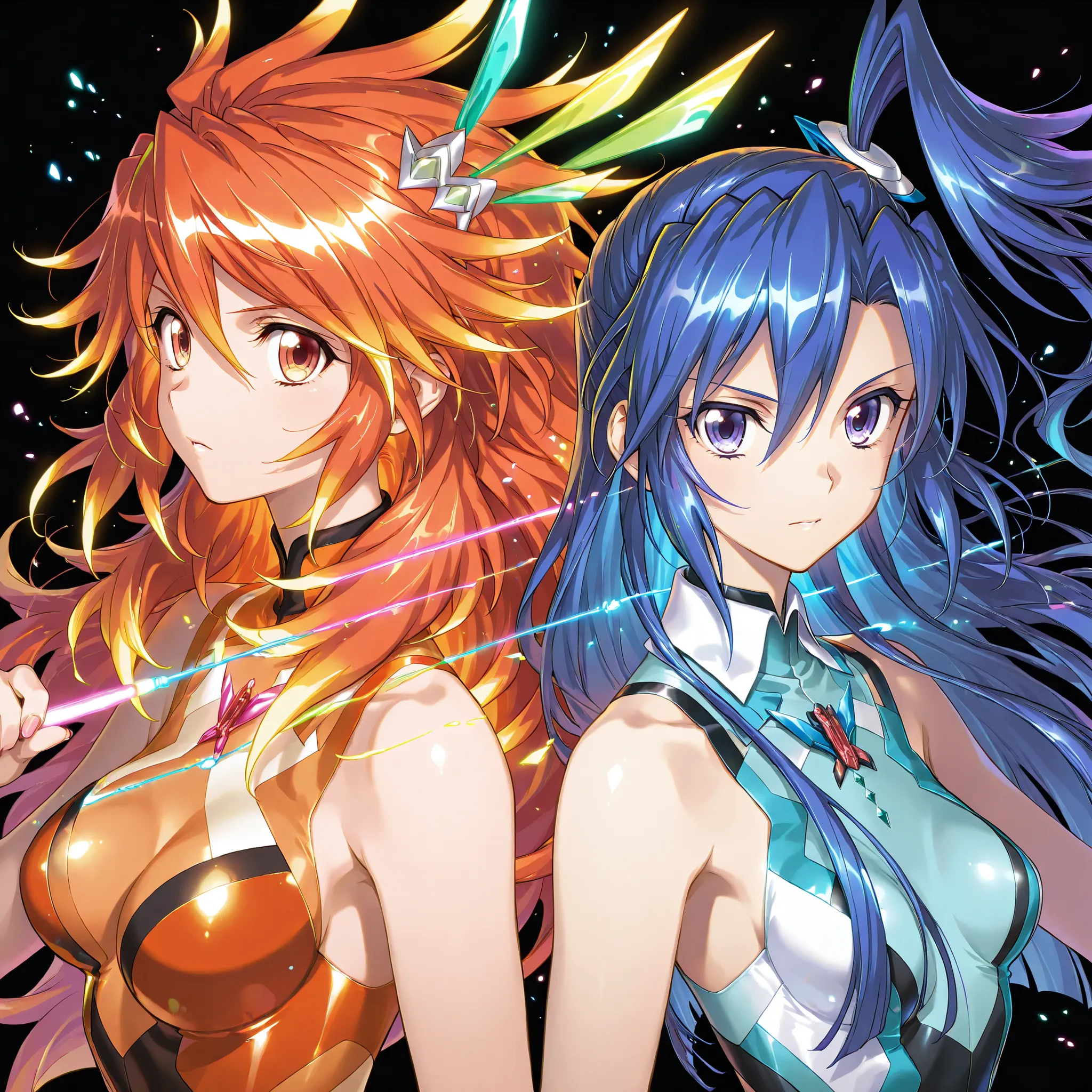 2girls,symphogear,Kazanari Tsubasa, Amou Kanade, Black background,colorful, lively, Shining Contours ,neon,colorful、Official Art、,viewer, masterpiece, Very Aesthetic、battle pose、Light powder、neon Hair、Swinging Hair、chest swaying up and down