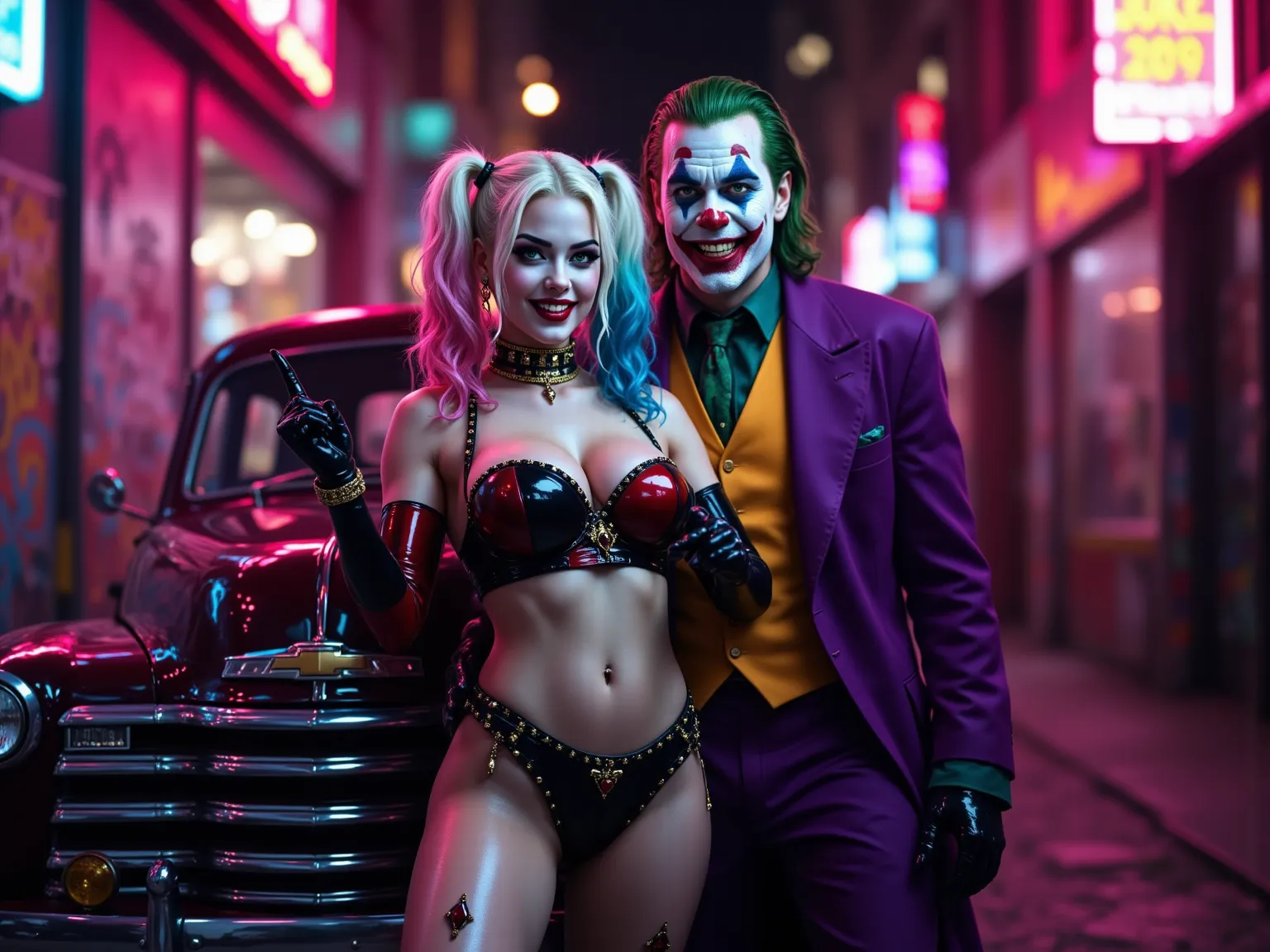 masterpiece, high resolution, highly detailed, shiny black, 1948 Chevrolet panel truck, (parked at an angle)with the Joker and Harley Quinn graphics, "A hyper-realistic, highly detailed 8K portrait of Harley Quinn and the Joker standing together , neon-lit alley. Harley Quinn has pale white skin, striking blue and pink split-dyed hair in pigtails, bold red and blue eye makeup, a mischievous smirk, and is wearing her iconic red and black leather outfit with diamond patterns, studded accessories, and fishnet stockings. Her face texture is smooth with light freckles and a subtle sheen. The Joker stands beside her with green slicked-back hair, white painted skin, a maniacal grin showing yellowed teeth, intense green eyes, and deep facial wrinkles. He wears a purple velvet coat, a green vest, and a gold chain. Their body poses are confident and chaotic, surrounded by graffiti, standing next to the panel truck, and neon glowing signs. Ultra-detailed textures on their clothing, skin, and expressions, cinematic lighting, photorealistic style." (((Camera MUST get their Full bodies in the photo))) (((professional photography))). 