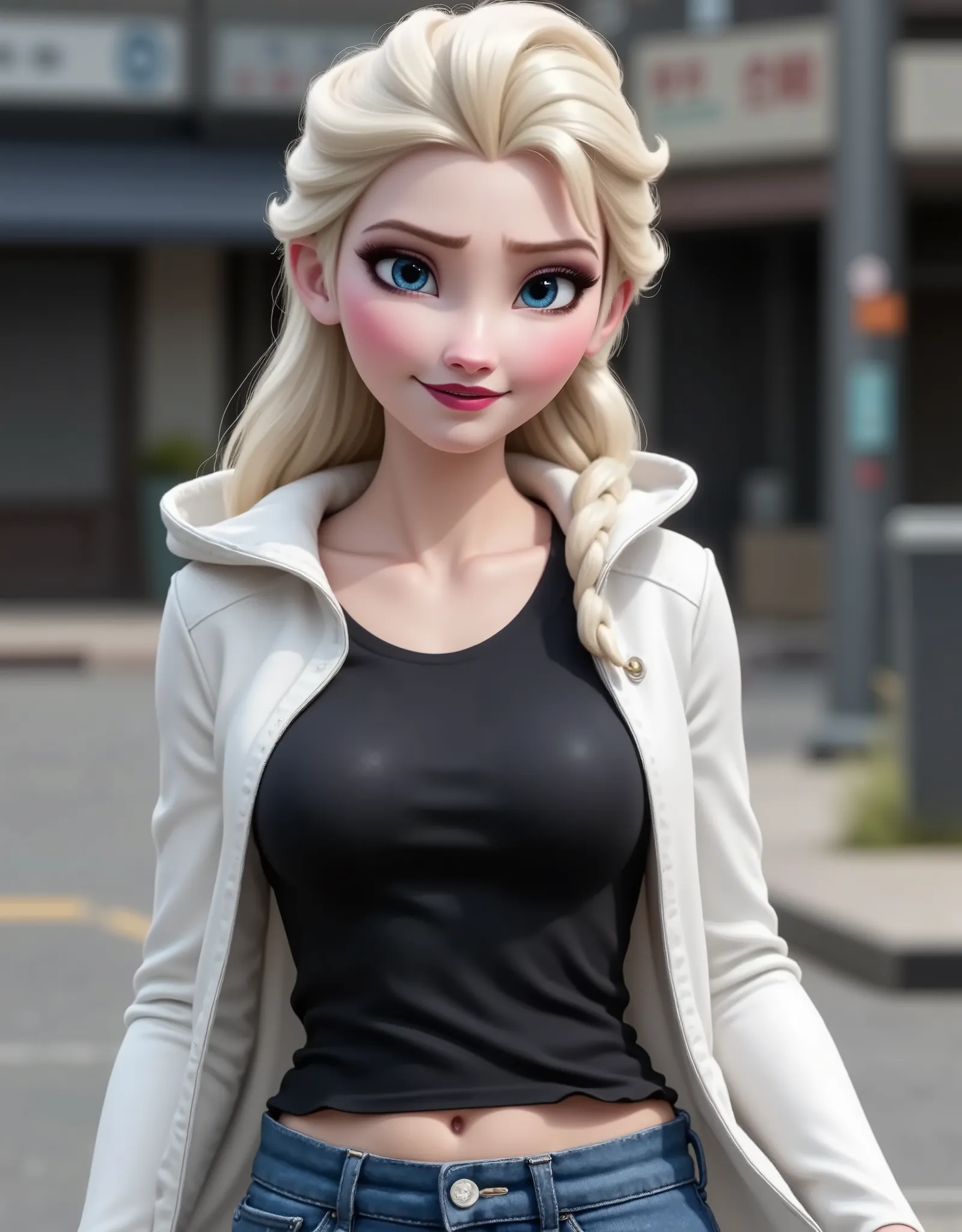 Elsa has a black shirt and white jacket, And she's wearing jeans..Get out