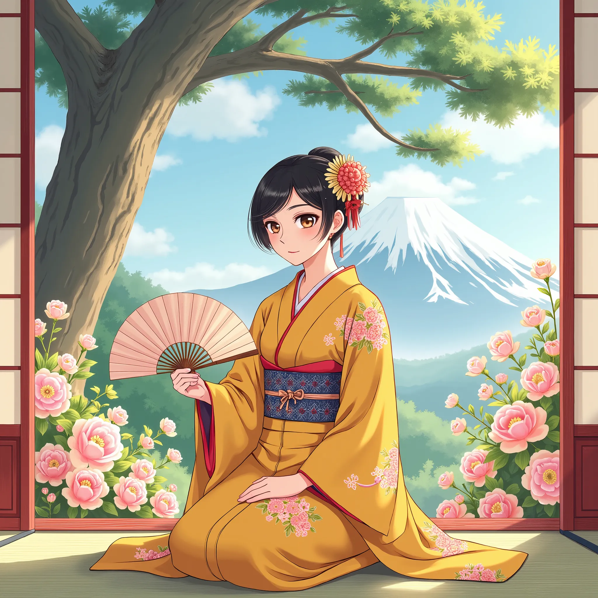 Illustration、Anime、A beautiful fifteen-year-old woman is sitting、yellow kimono、Japanese Women、Japanese-style room、pine tree、Mt. Fuji、 beautiful flowers 、floral fan、breasts are big、