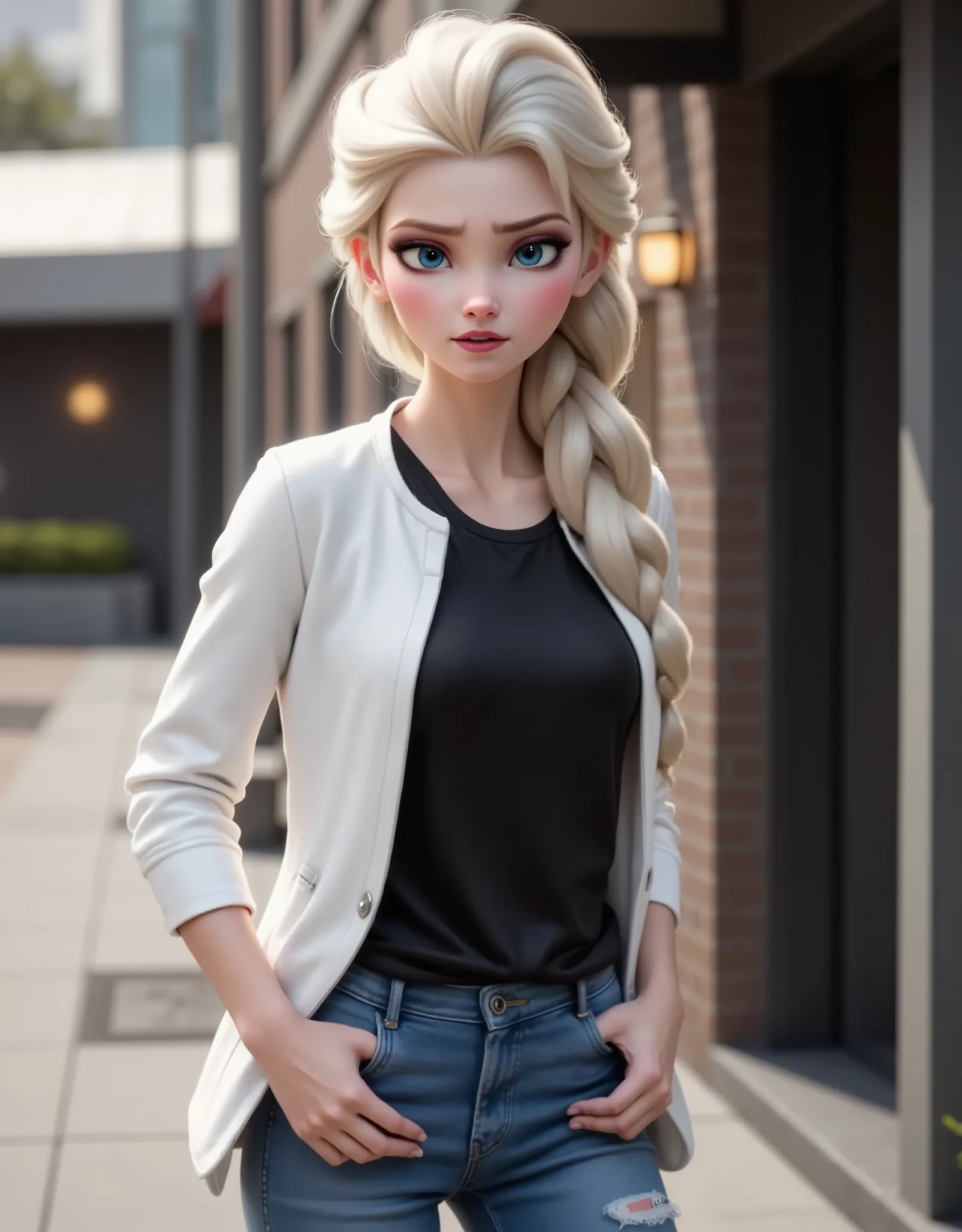 Elsa has a black shirt and white jacket, And she's wearing jeans..Get out