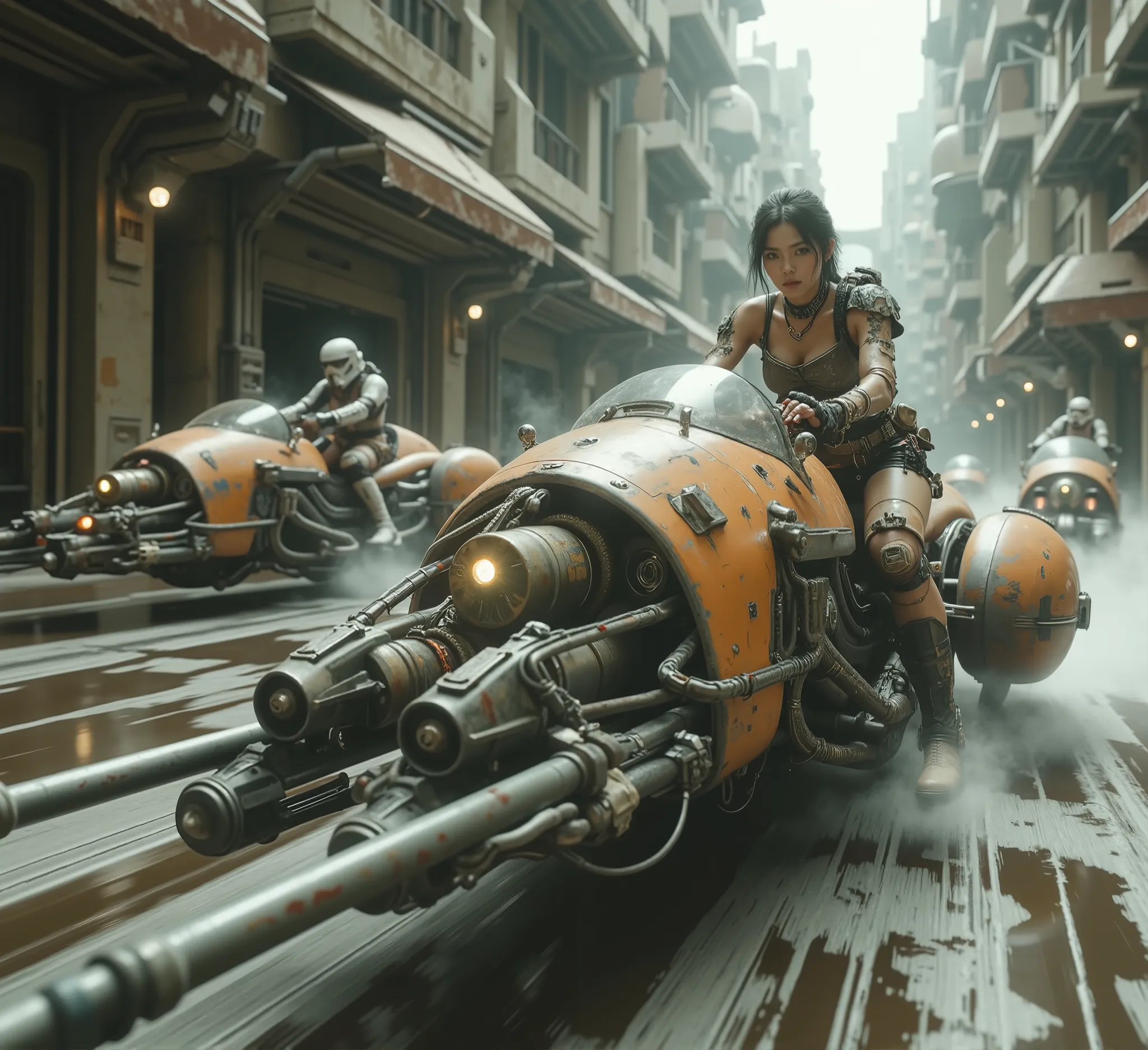 cinematographic photography using the rule of thirds and composition on planes Side photo full body shot counterposed, soft light, unmarked contrasts, a retrofuturistic motorcycle (Speeder bike) Flying ( bike) inspired by motorcycles with low frame and hu...
