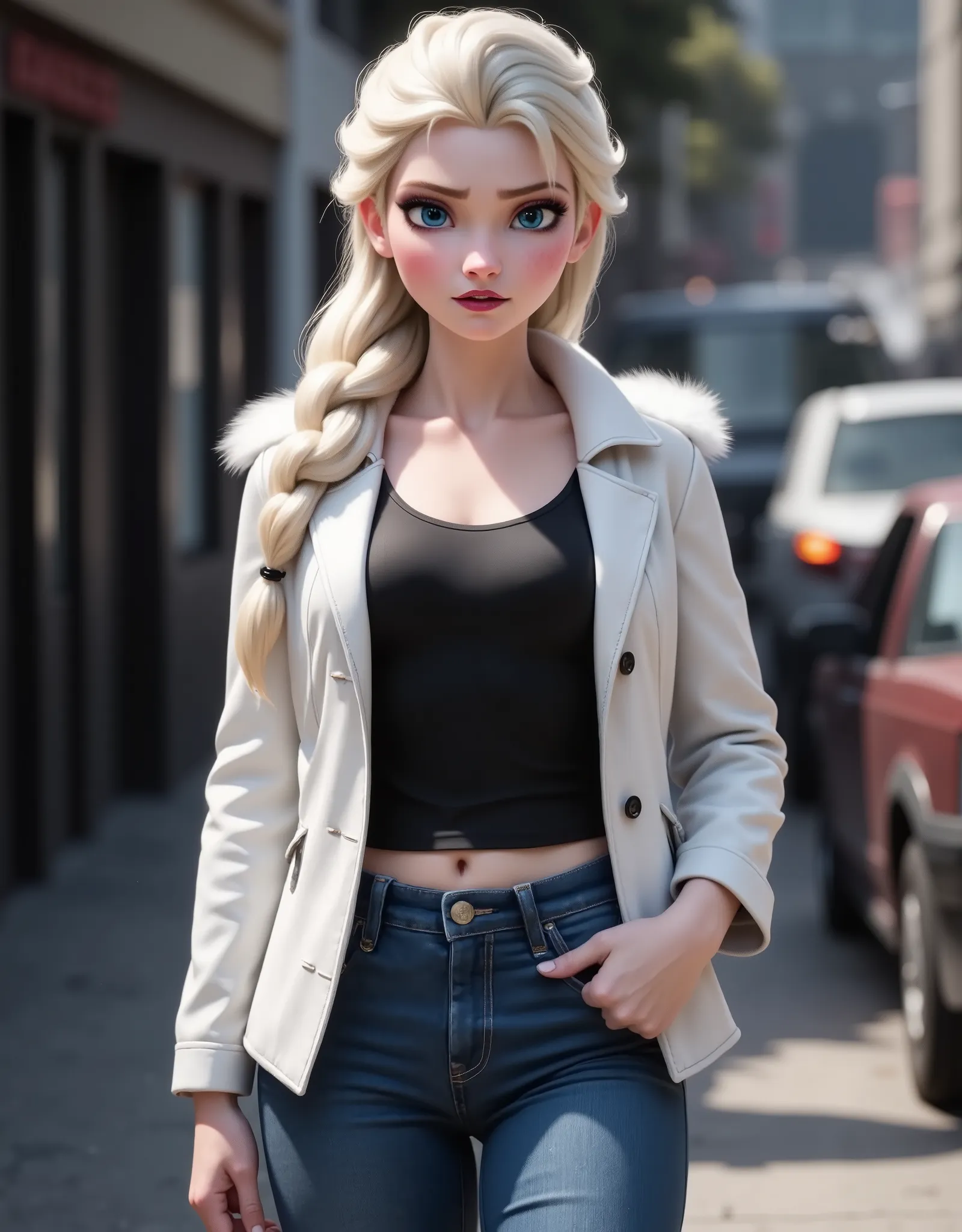 Elsa has a black shirt and white jacket, And she's wearing jeans..Get out