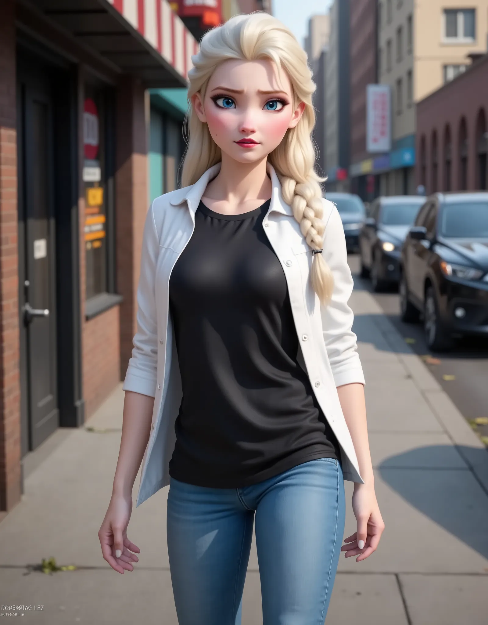 Elsa has a black shirt and white jacket, And she's wearing jeans..Get out